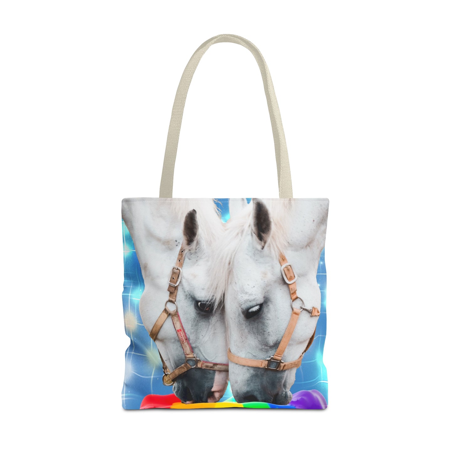Unique Tote Bag "Pooping Rainbows" Art - White Horses Eating Rainbow Feed