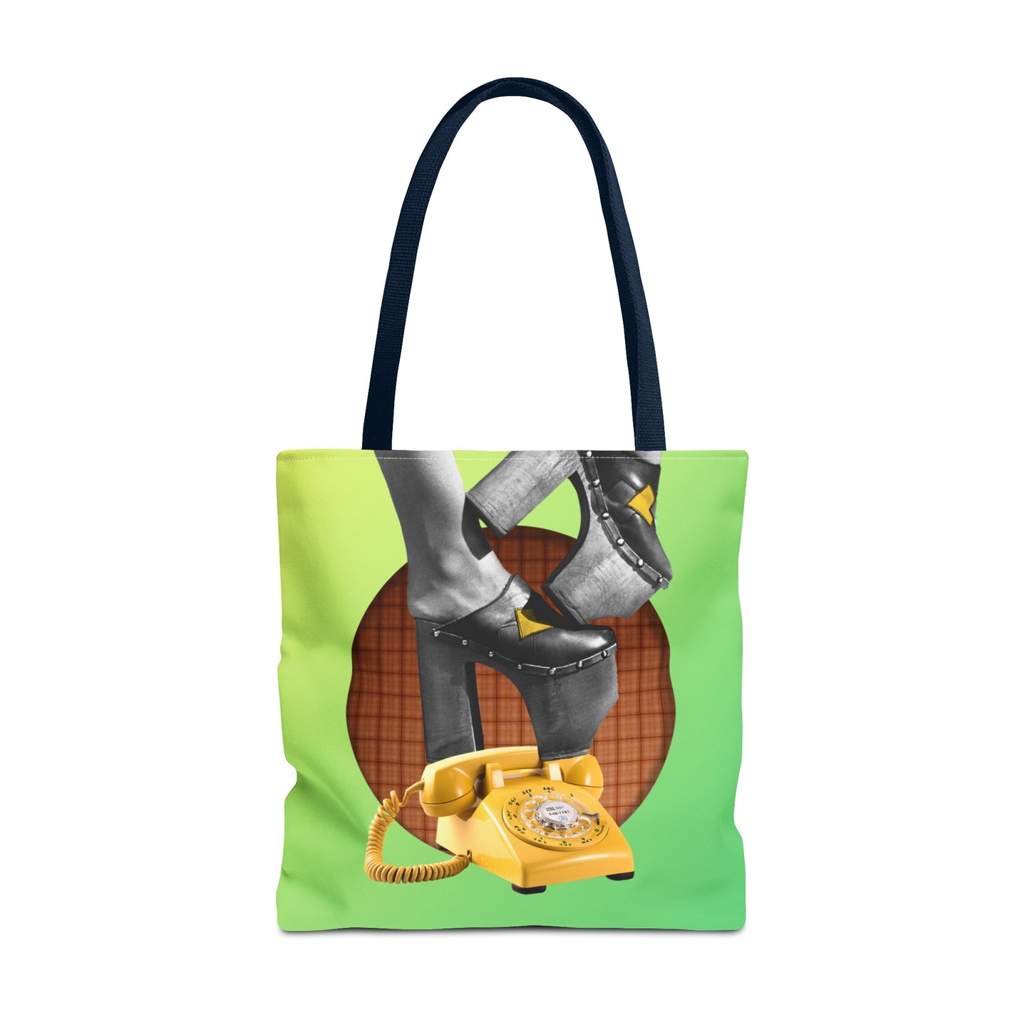 Playful Tote Bag with Collage Art "Hold My Calls" - 70's Platform Shoes and Yellow Rotary Phone
