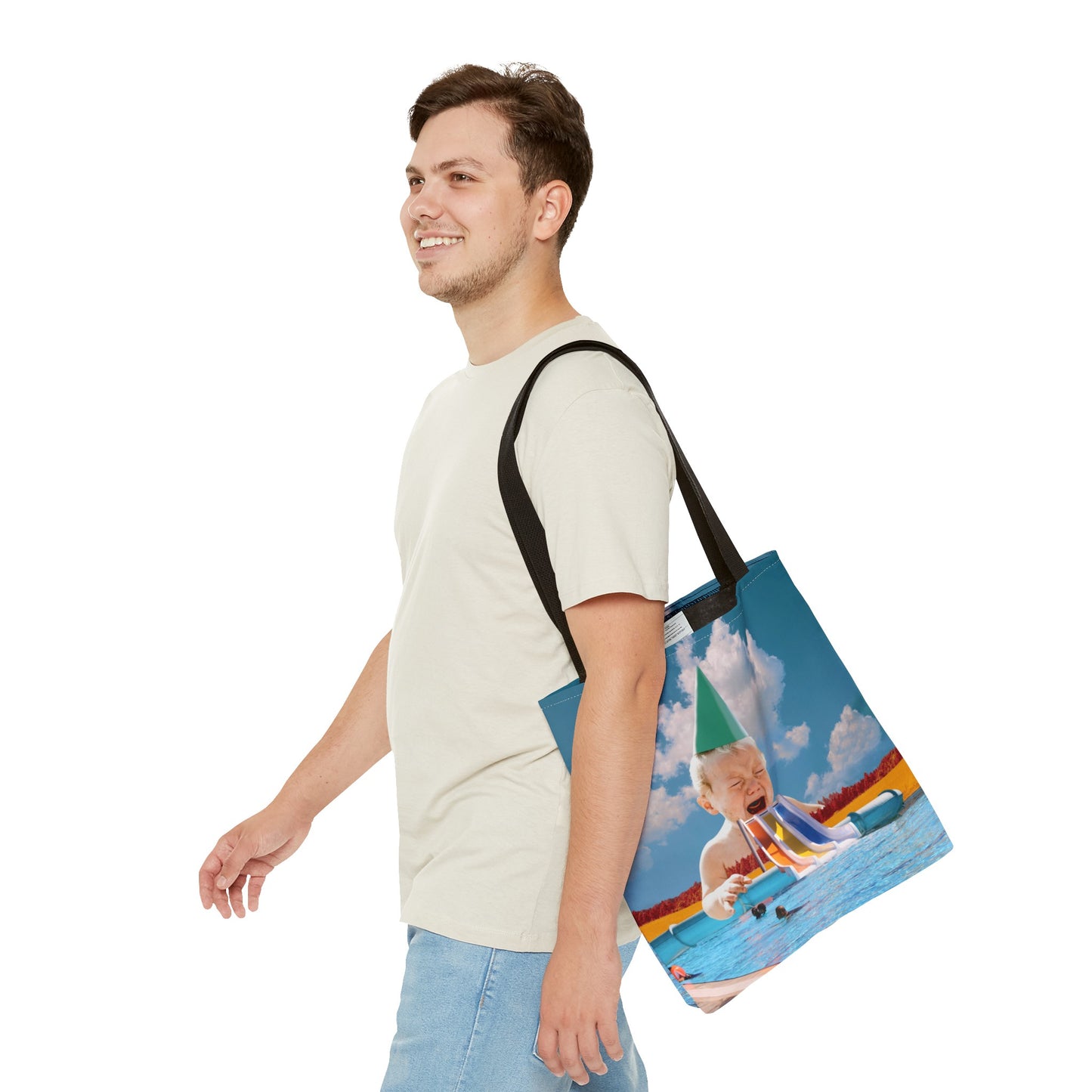 Vibrant Pool Party Beach Tote Bag - Surreal Art Print - Giant Baby and Colorful Pool Slide