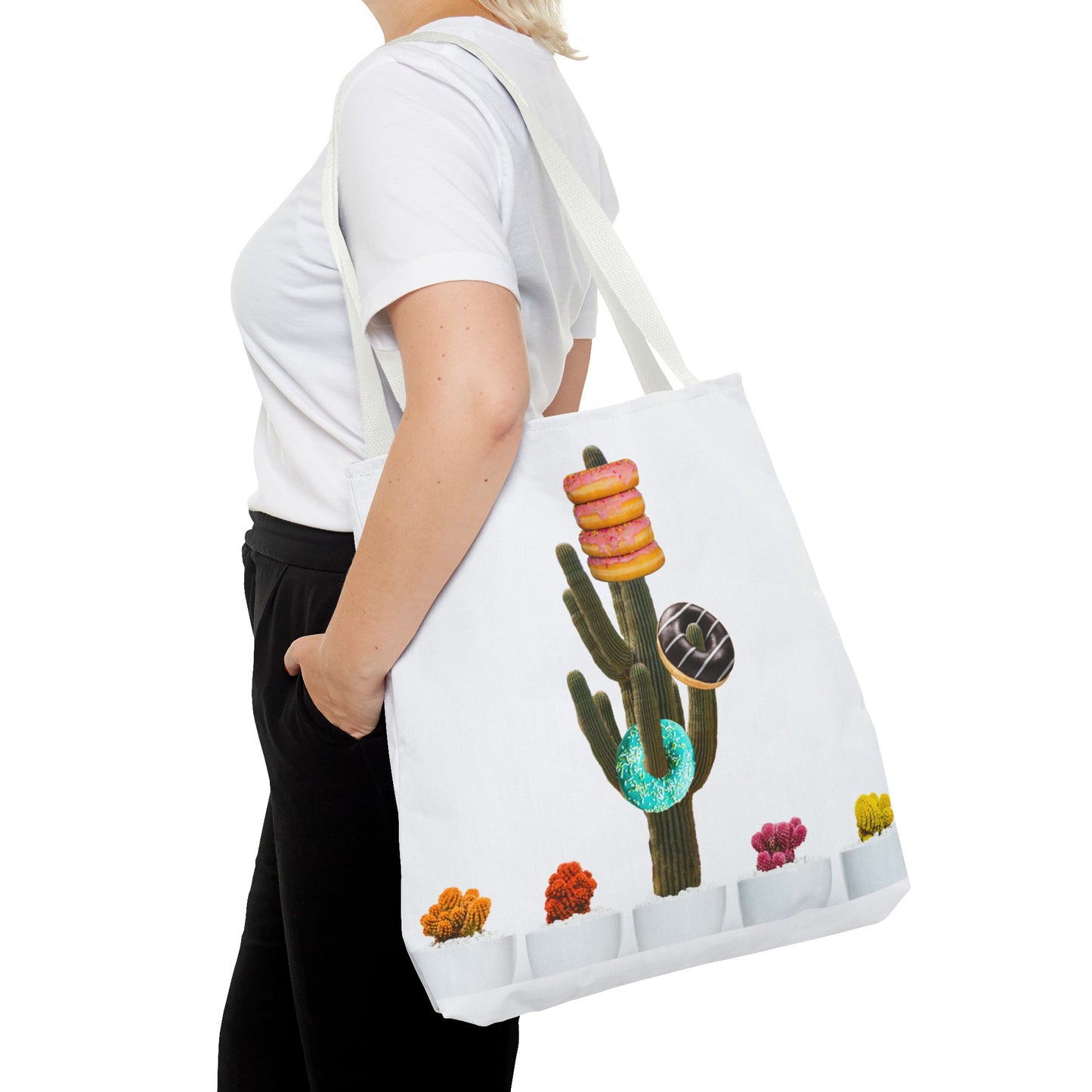 Collage Art Tote Bag featuring 'Giving Tree' & Colorful Donut Cactus Design
