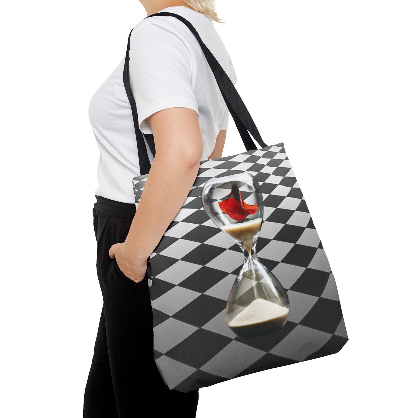 Red Dress Dancer Tote Bag - Surreal Art Checkerboard Design - Dance Through Life