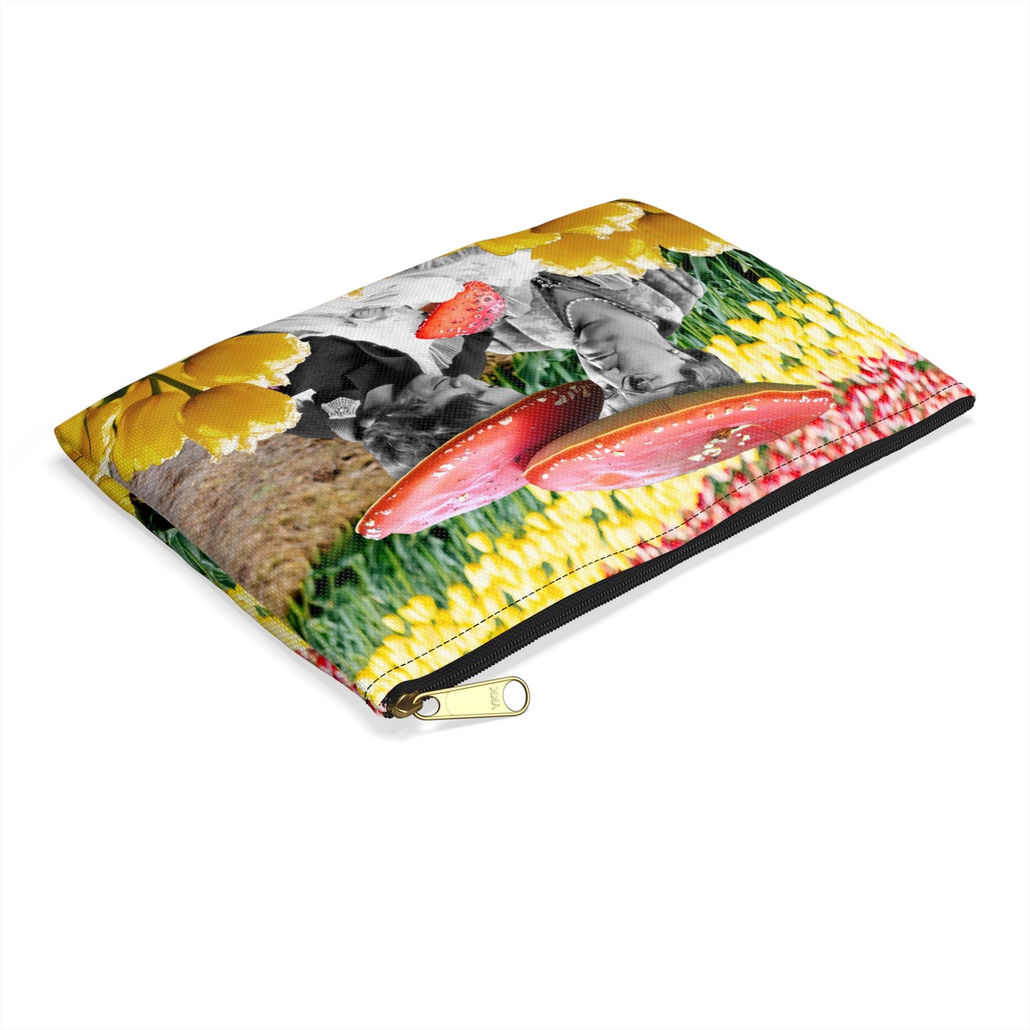 Happy Mushroom Family Accessory Pouch - Surreal Collage Art "Nana's Little Mushroom" in a Field of Tulips
