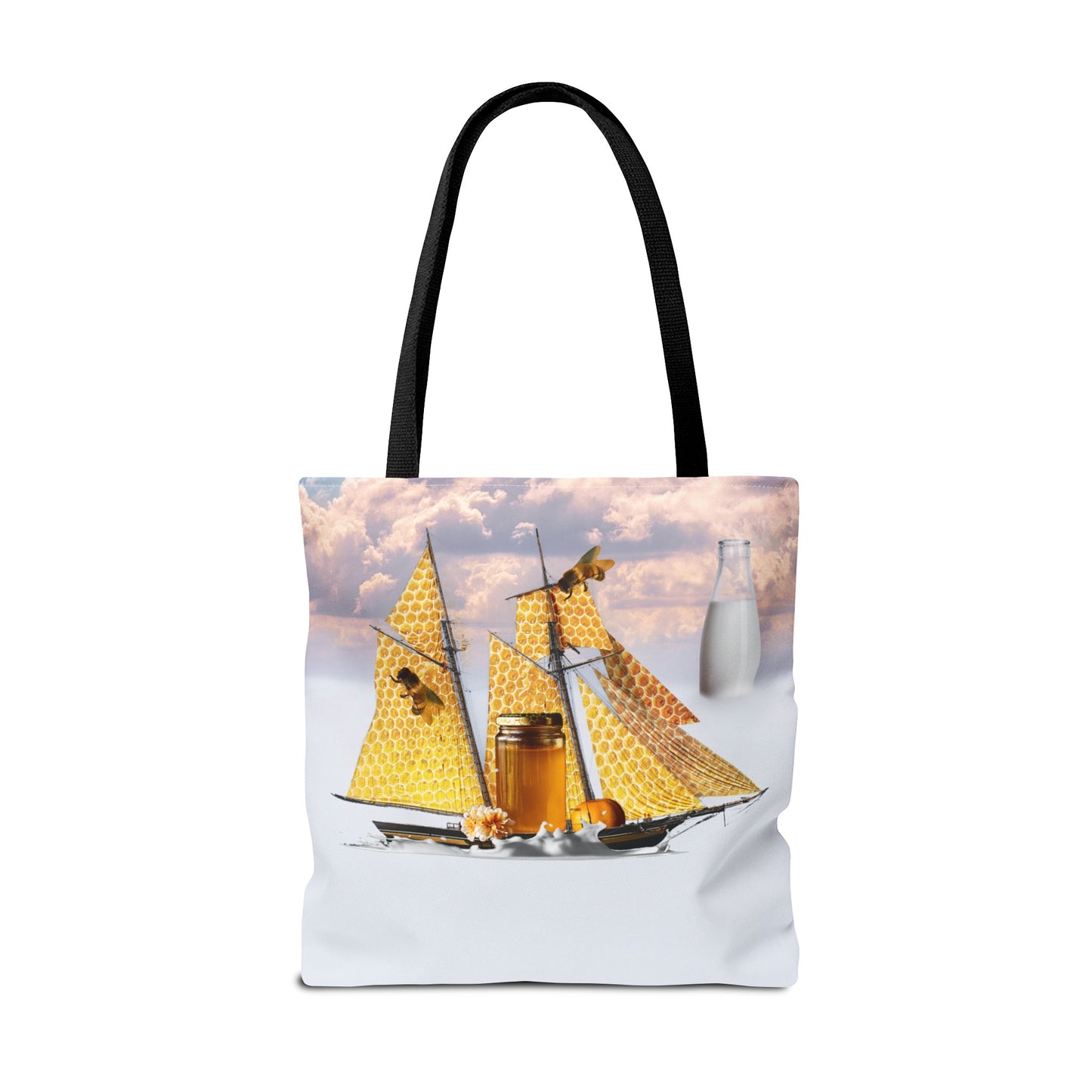 Tote Bag, Bees at Sea on Honeycomb Ship 'Milk & Honey' Surreal Whimsical Collage Art