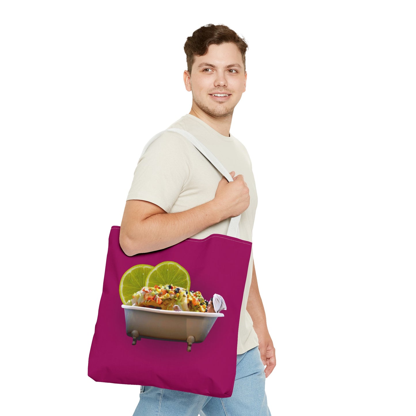 Food Lover's Delight: Woman Soaking in Bathtub with Burrito Tote Bag