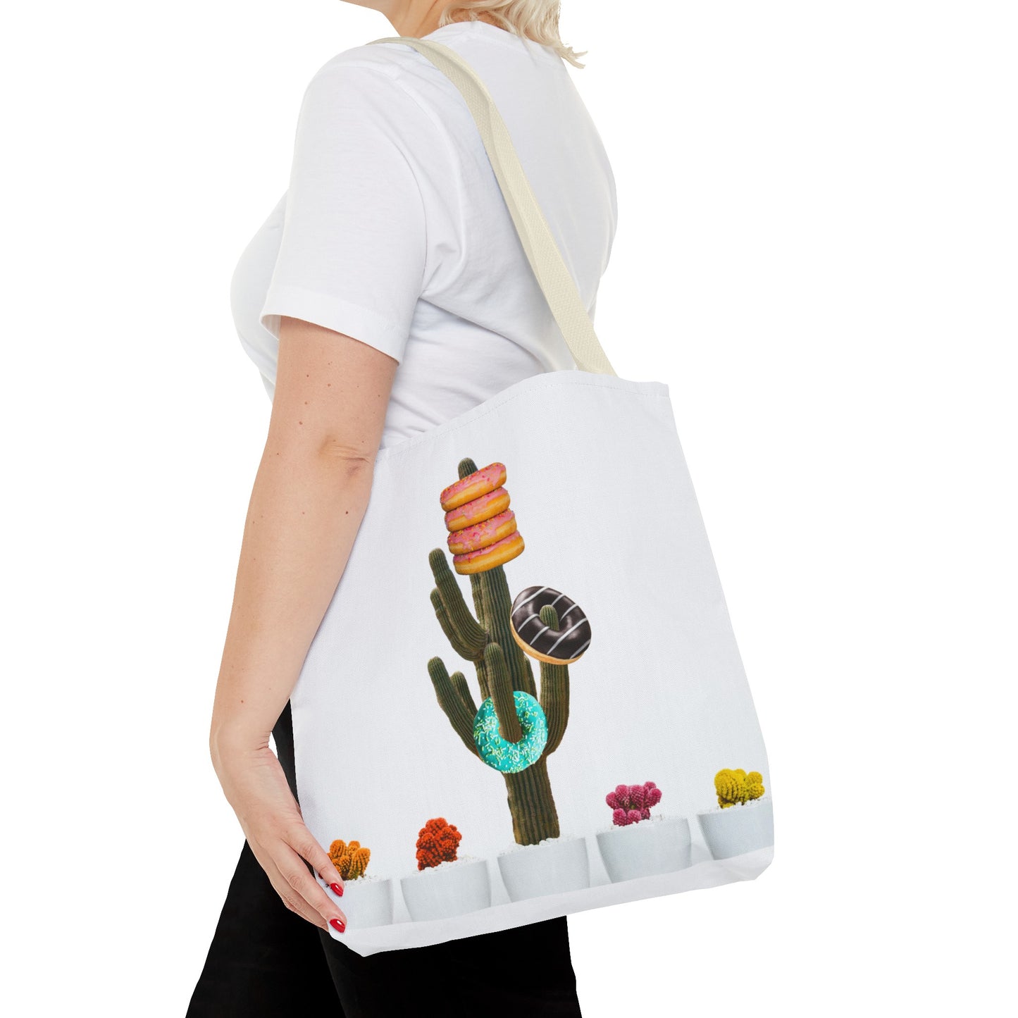 Collage Art Tote Bag featuring 'Giving Tree' & Colorful Donut Cactus Design