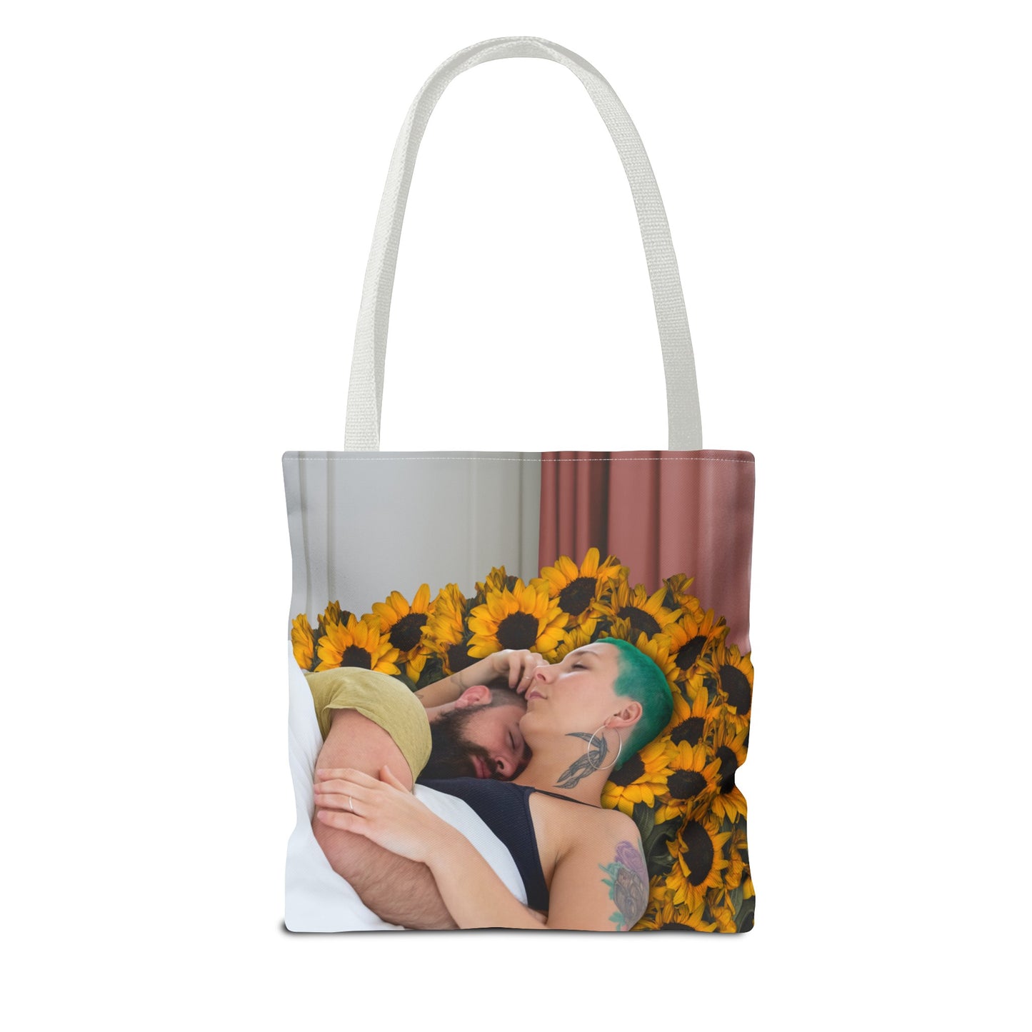 Tranquil Sunflowers Around Cuddling Couple Tote Bag Surreal Art - Loving Design "Sunflowers In Your Room"