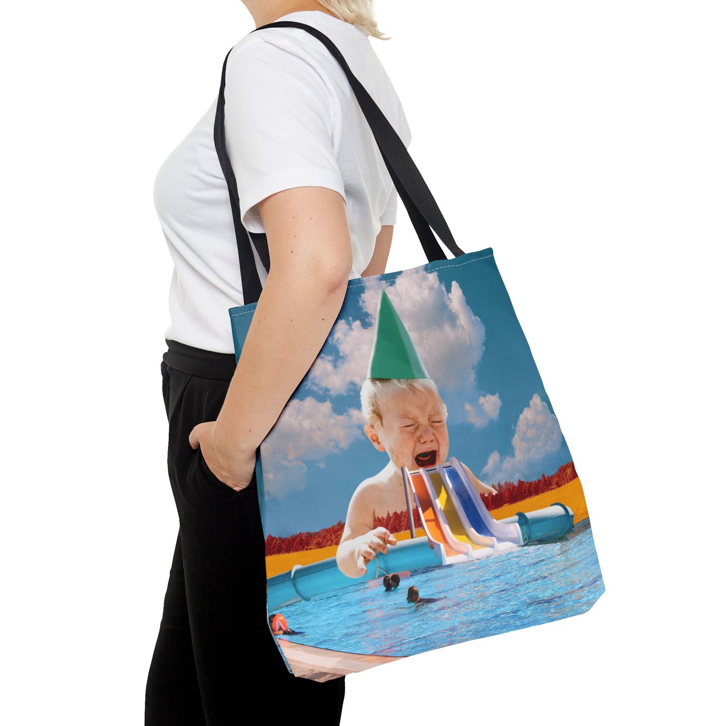 Vibrant Pool Party Beach Tote Bag - Surreal Art Print - Giant Baby and Colorful Pool Slide