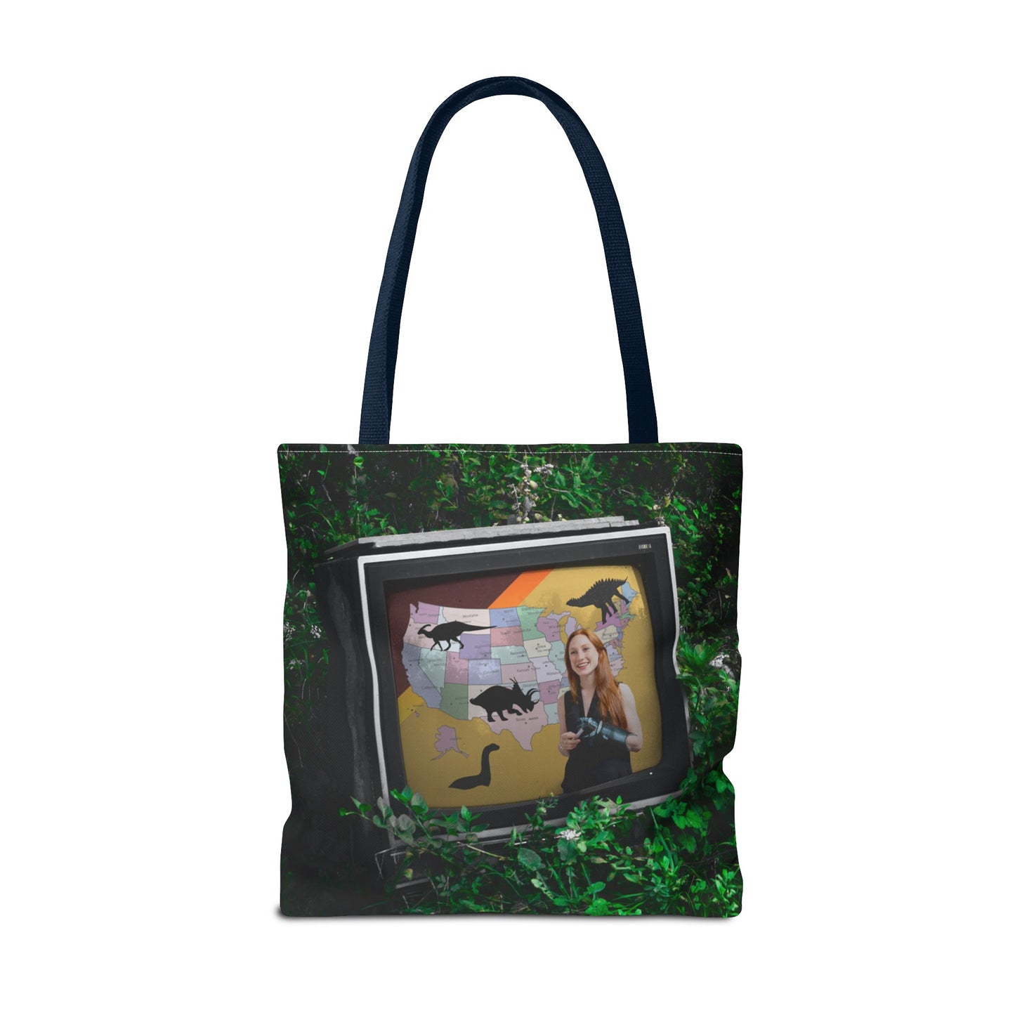 Unique Dystopian TV Scene Tote Bag with Weather Girl & Dinosaurs Map