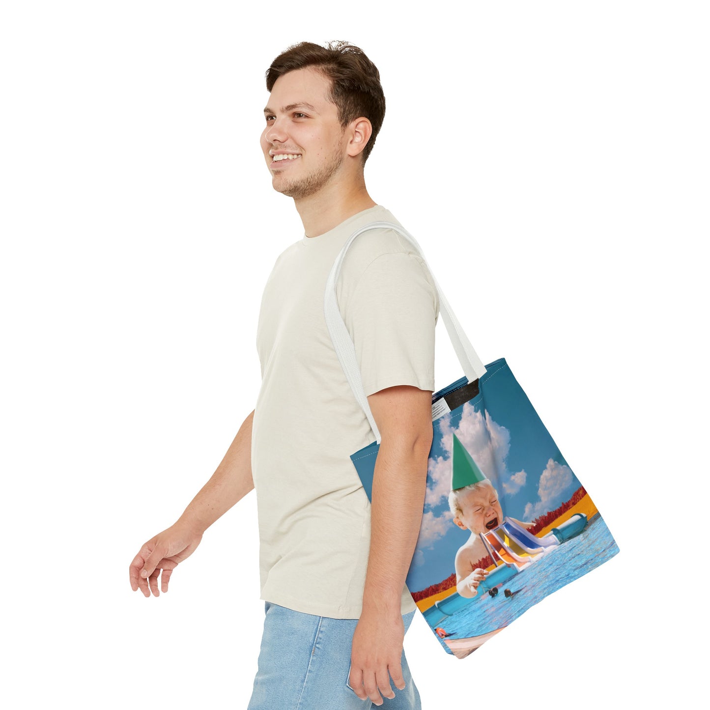 Vibrant Pool Party Beach Tote Bag - Surreal Art Print - Giant Baby and Colorful Pool Slide