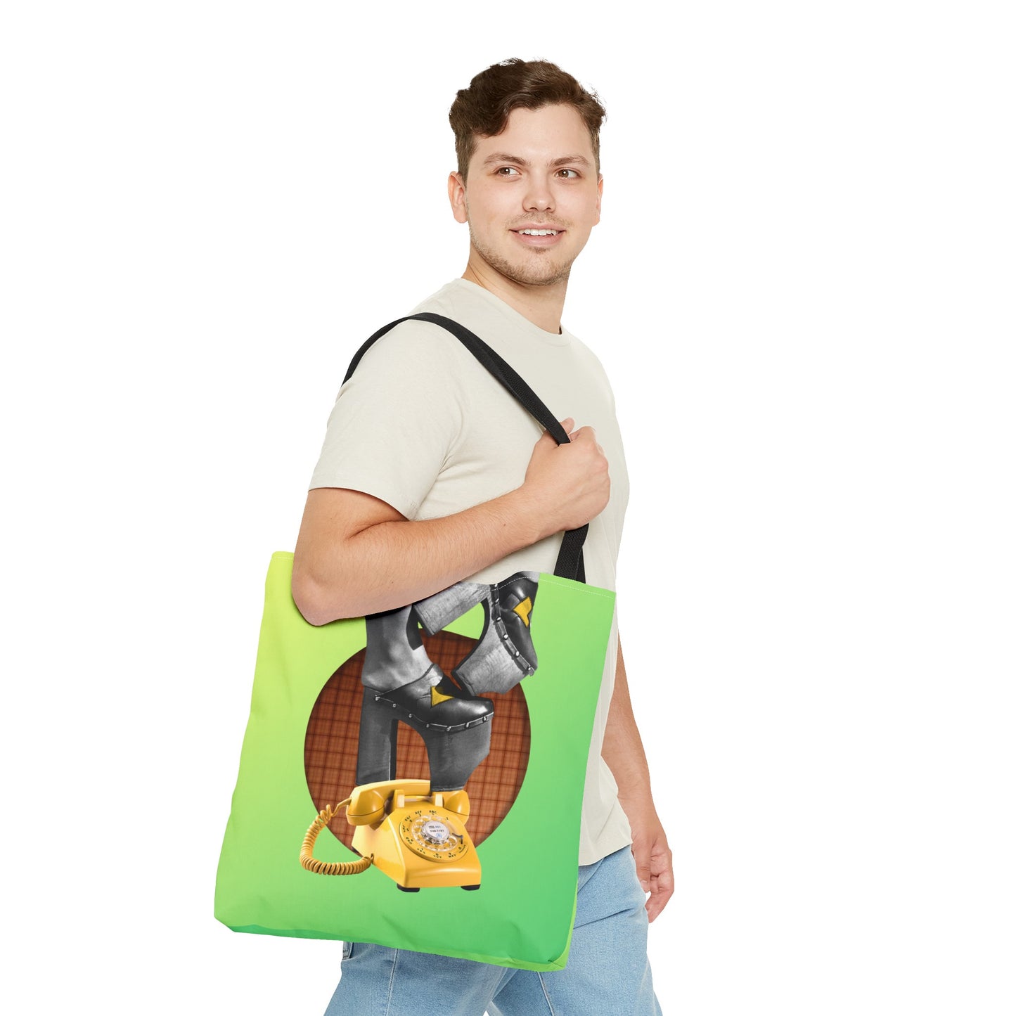 Playful Tote Bag with Collage Art "Hold My Calls" - 70's Platform Shoes and Yellow Rotary Phone
