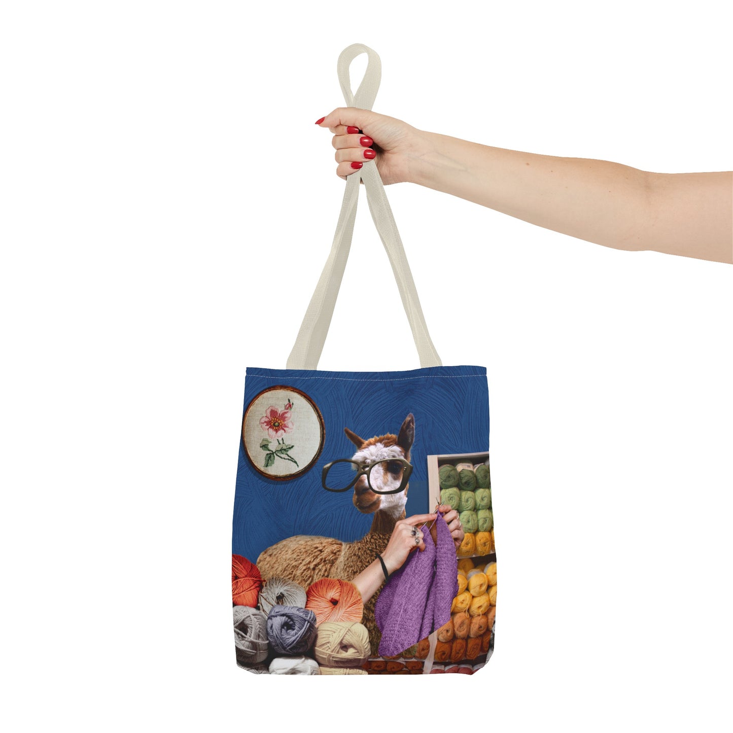 Whimsical Funky Llama Tote Bag: "Llama Tried" - Wearing Glasses and Knitting in Yarn Shop