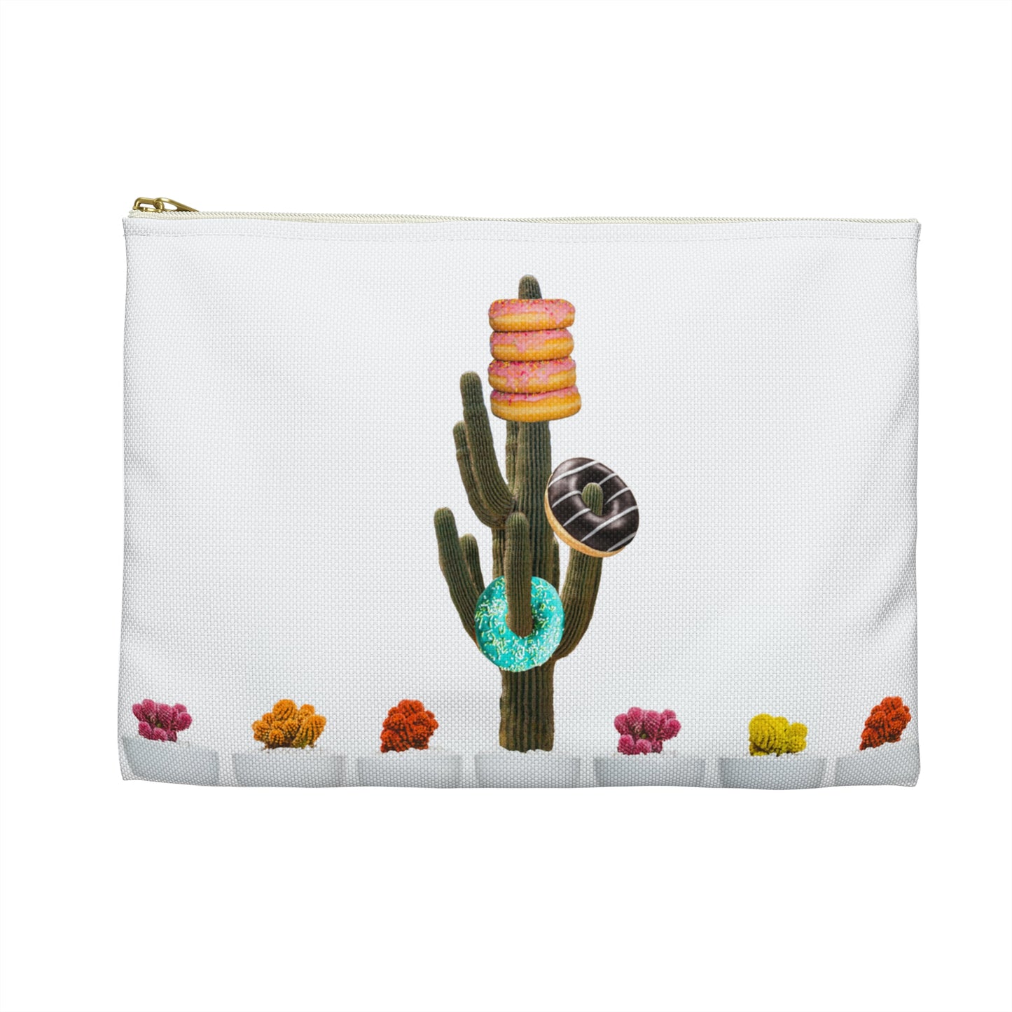 Unique Accessory Pouch Featuring 'Giving Tree' Collage Art with Colorful Donut Cactus Design