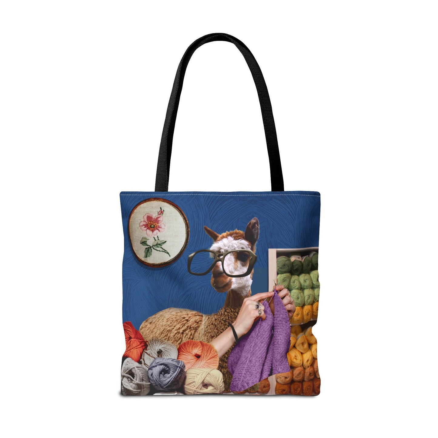 Whimsical Funky Llama Tote Bag: "Llama Tried" - Wearing Glasses and Knitting in Yarn Shop