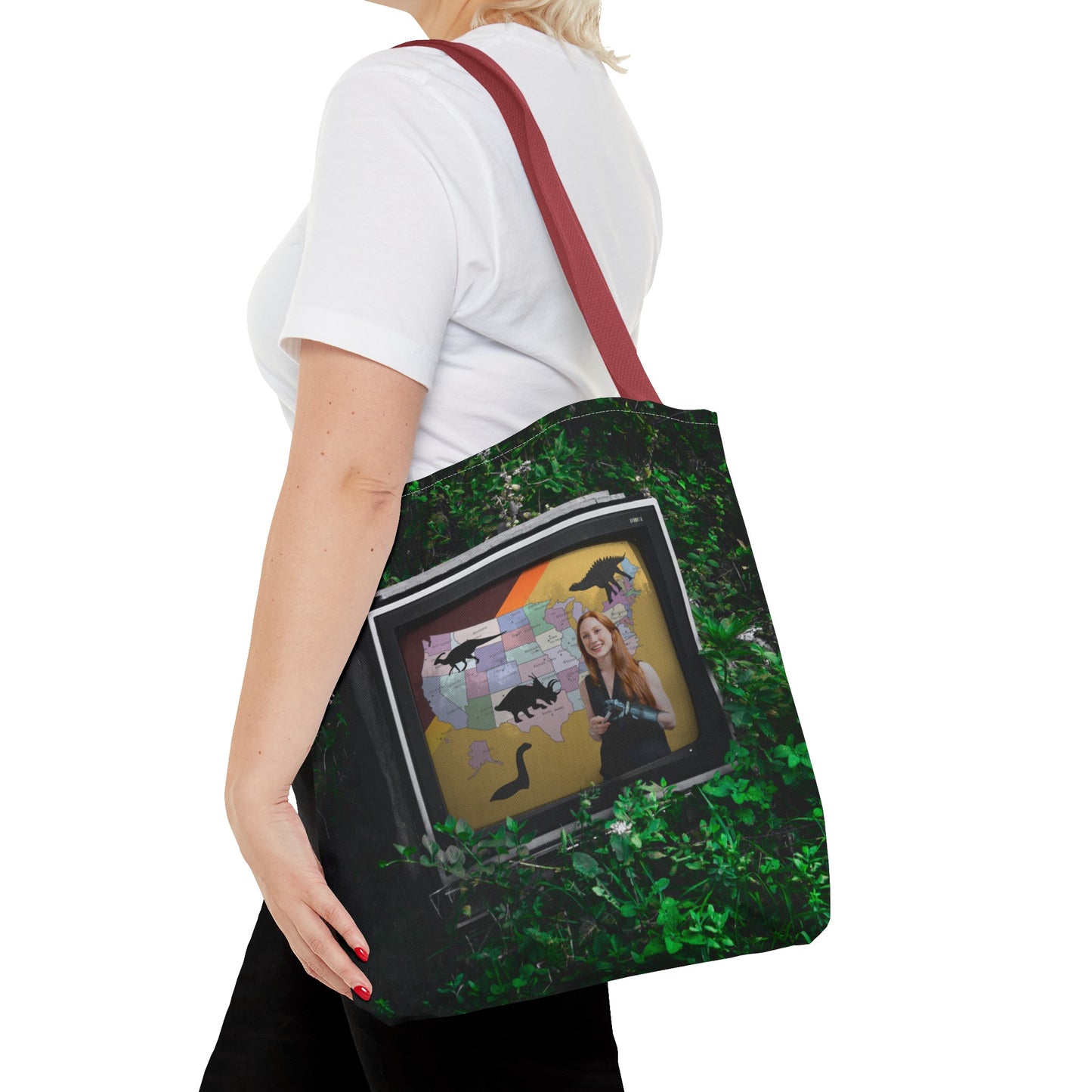 Unique Dystopian TV Scene Tote Bag with Weather Girl & Dinosaurs Map