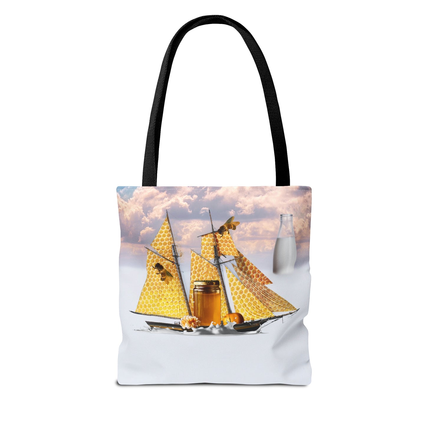 Tote Bag, Bees at Sea on Honeycomb Ship 'Milk & Honey' Surreal Whimsical Collage Art