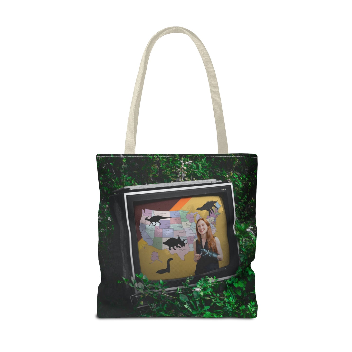 Unique Dystopian TV Scene Tote Bag with Weather Girl & Dinosaurs Map