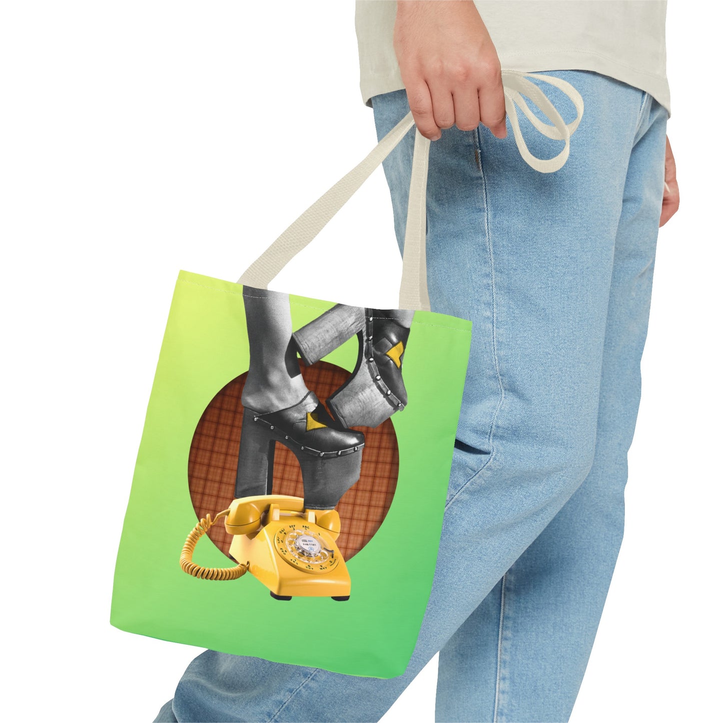 Playful Tote Bag with Collage Art "Hold My Calls" - 70's Platform Shoes and Yellow Rotary Phone