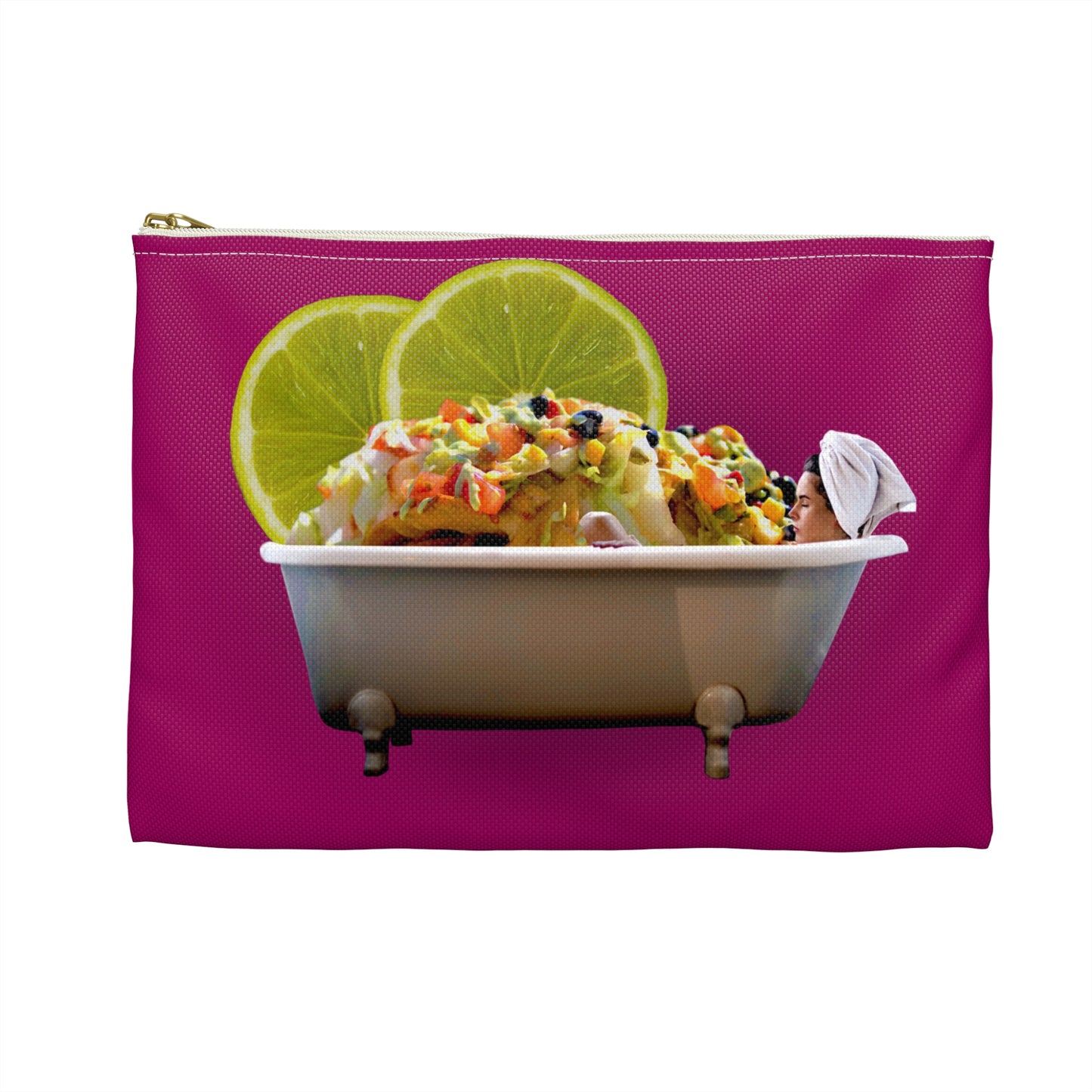 Food Lover's Delight Accessory Pouch - Woman Soaking in Bathtub with Burrito and Lime Wedges