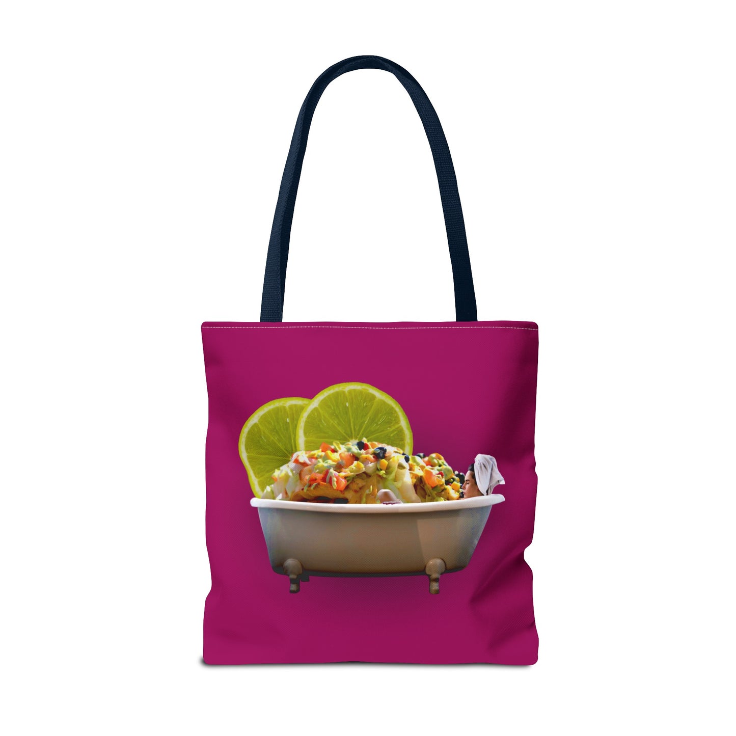 Food Lover's Delight: Woman Soaking in Bathtub with Burrito Tote Bag