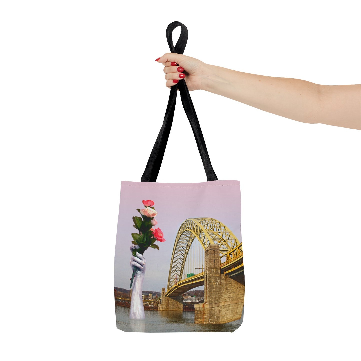 Romantic Tote Bag for Valentine's and Long-Distance Lovers: A Bridge Too Far Design with Flowers