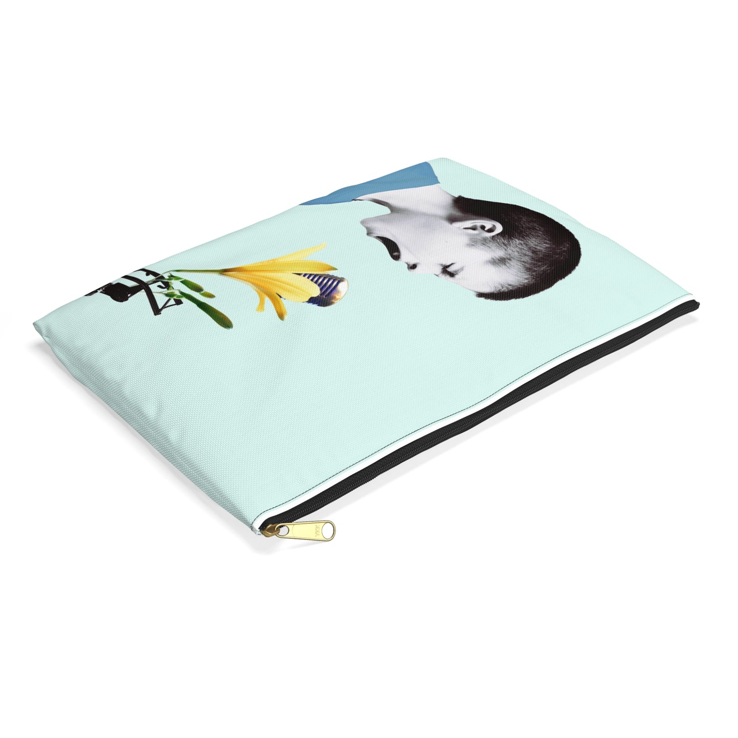 Nature Sounds Collage Art Accessory Pouch with Boy's Whimsical Floral Microphone Serenade