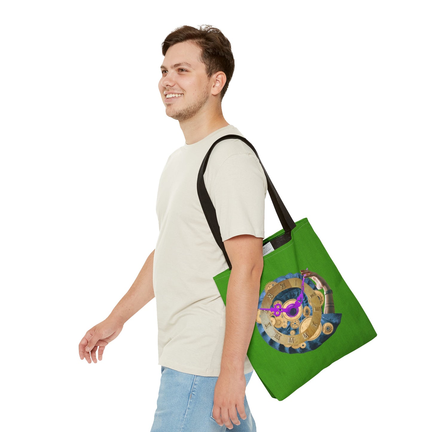 Steampunk Clock Tote Bag with Surreal Ammonite Art Print - Departure Time