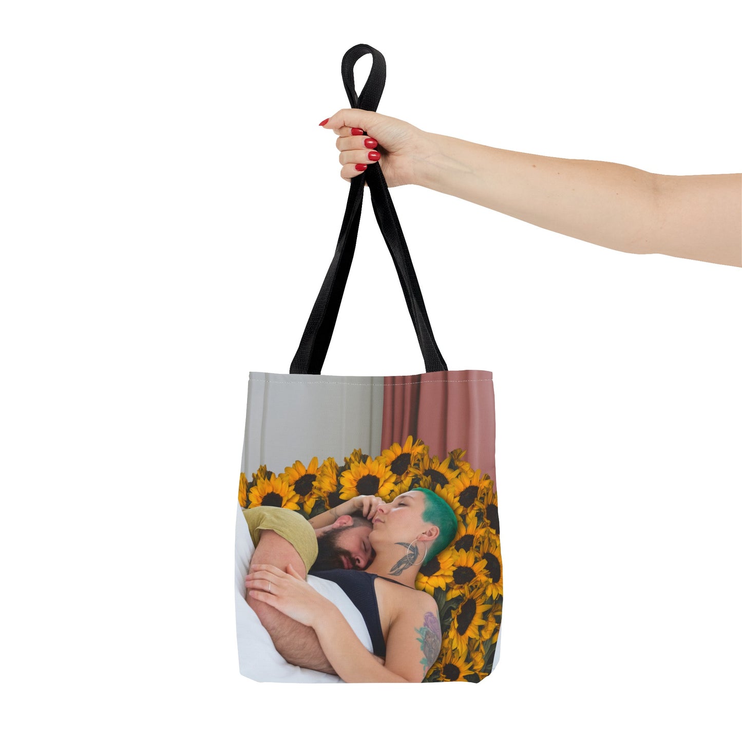 Tranquil Sunflowers Around Cuddling Couple Tote Bag Surreal Art - Loving Design "Sunflowers In Your Room"