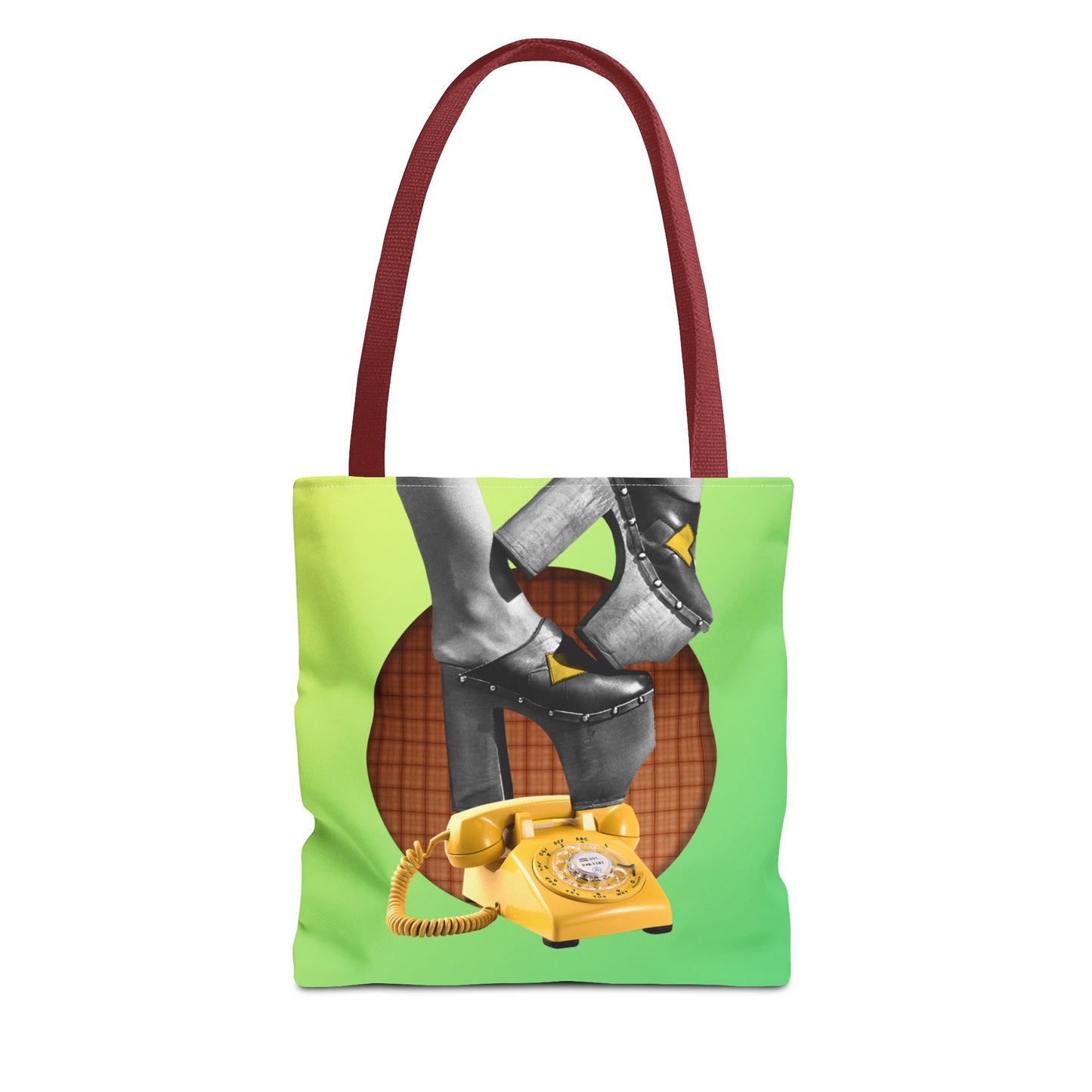 Playful Tote Bag with Collage Art "Hold My Calls" - 70's Platform Shoes and Yellow Rotary Phone