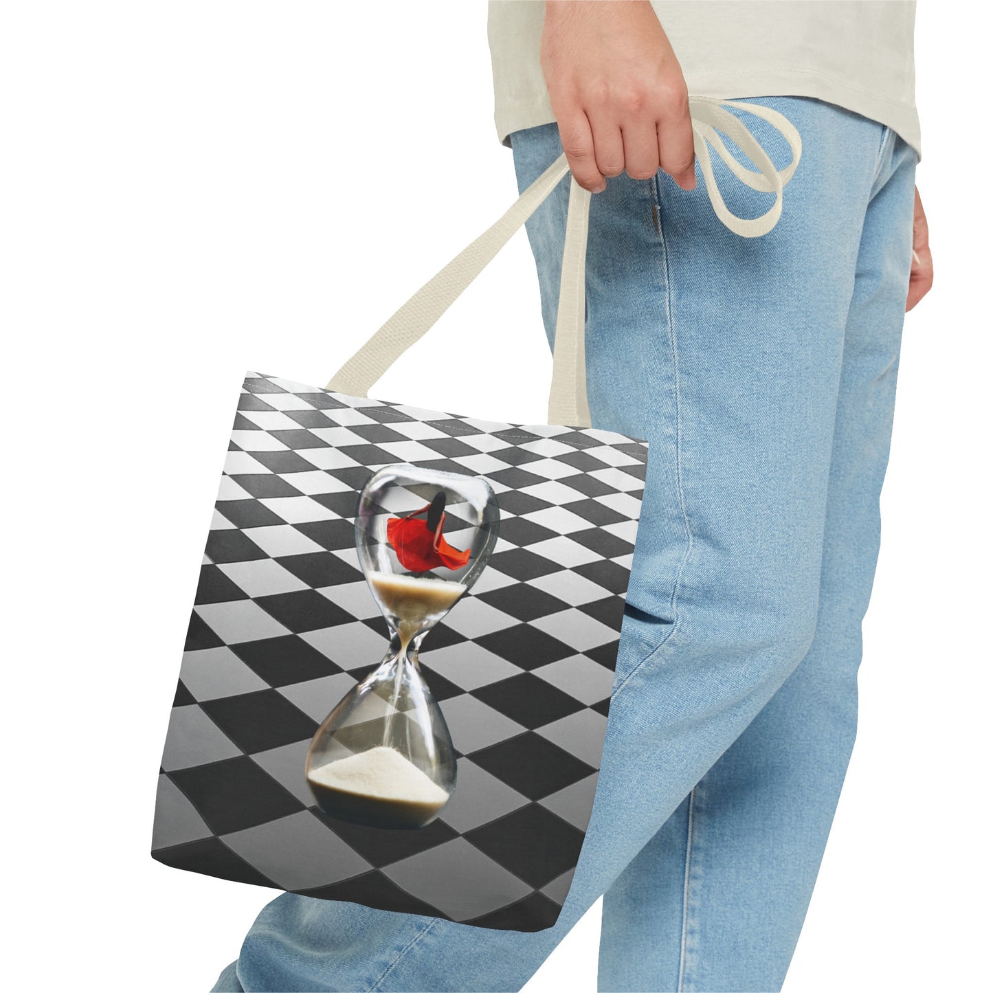 Red Dress Dancer Tote Bag - Surreal Art Checkerboard Design - Dance Through Life