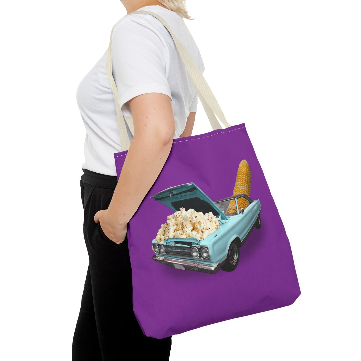 Quirky Tote Bag with Surreal Popcorn Car Art Print - Poppin' Ride