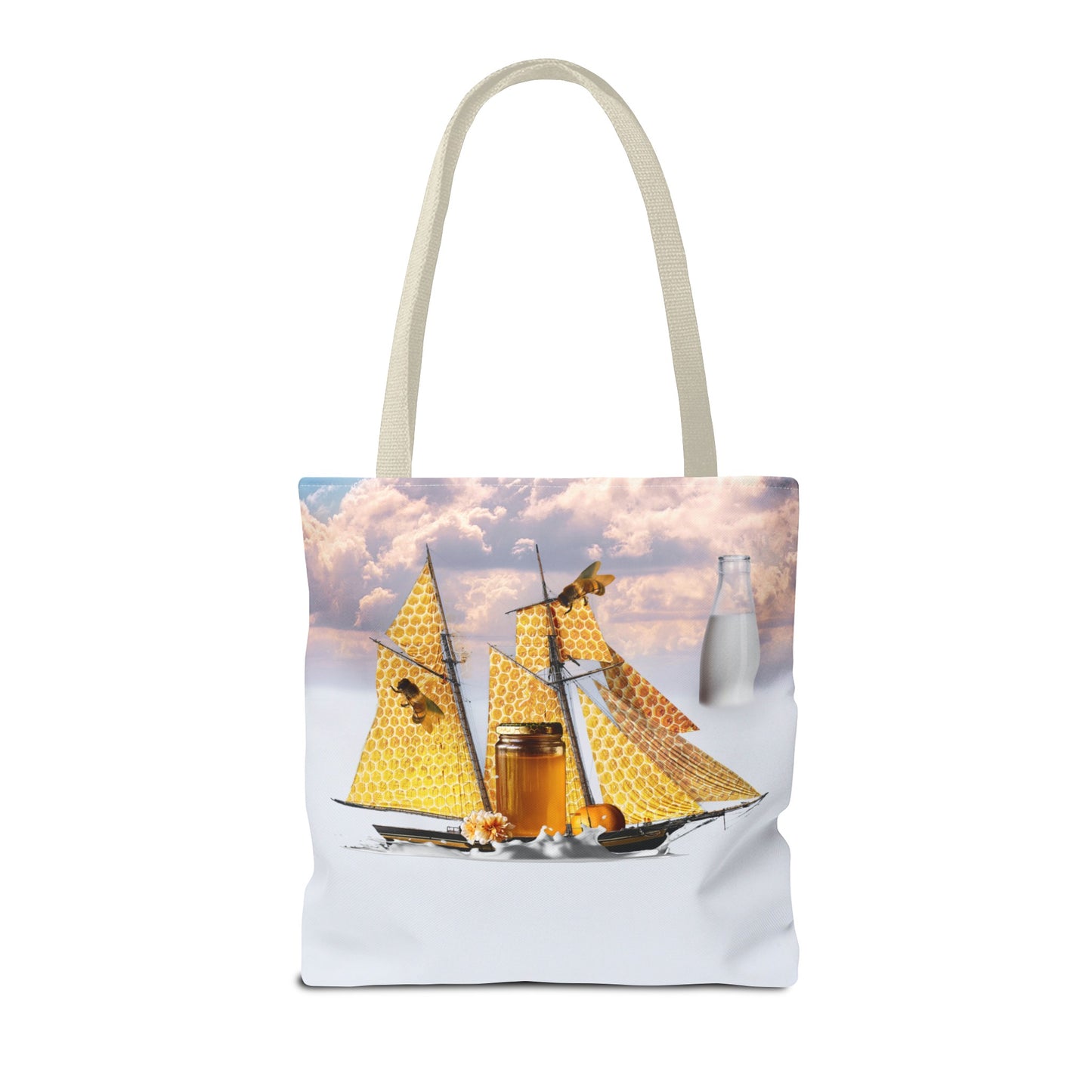 Tote Bag, Bees at Sea on Honeycomb Ship 'Milk & Honey' Surreal Whimsical Collage Art