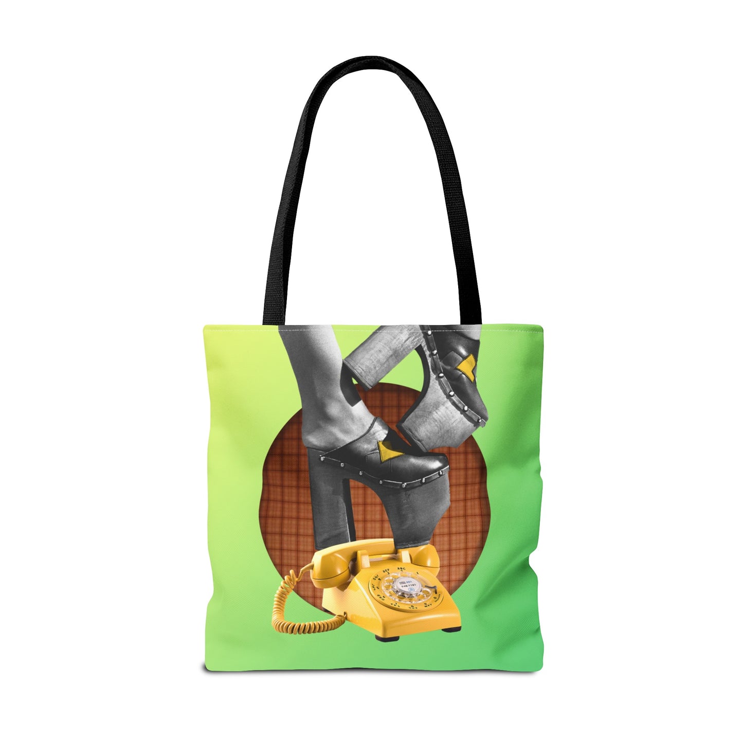 Playful Tote Bag with Collage Art "Hold My Calls" - 70's Platform Shoes and Yellow Rotary Phone