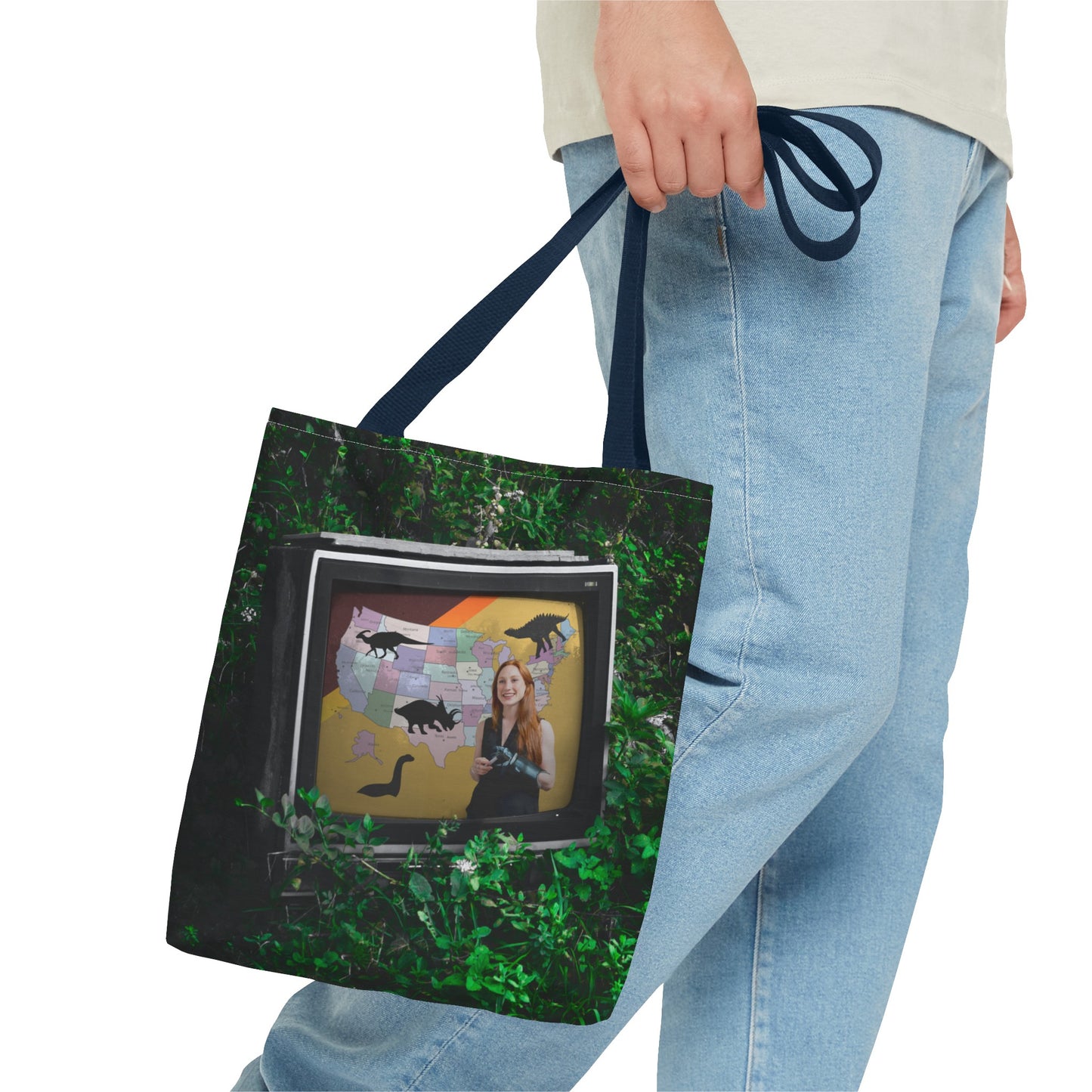 Unique Dystopian TV Scene Tote Bag with Weather Girl & Dinosaurs Map