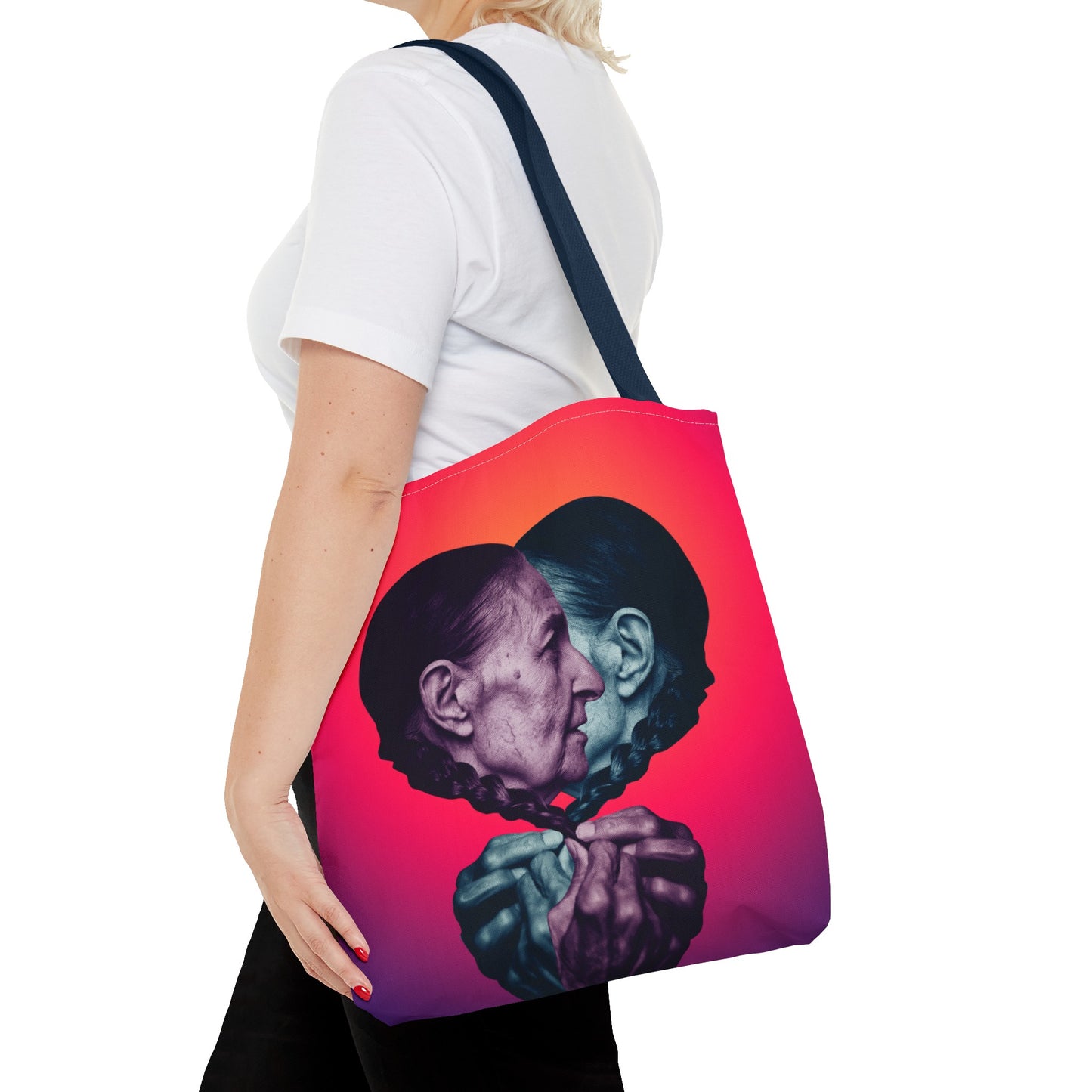 Mesmerizing Collage Art Tote Bag "Keeping Secrets" - Woman Whispering Secret into Her Own Ear