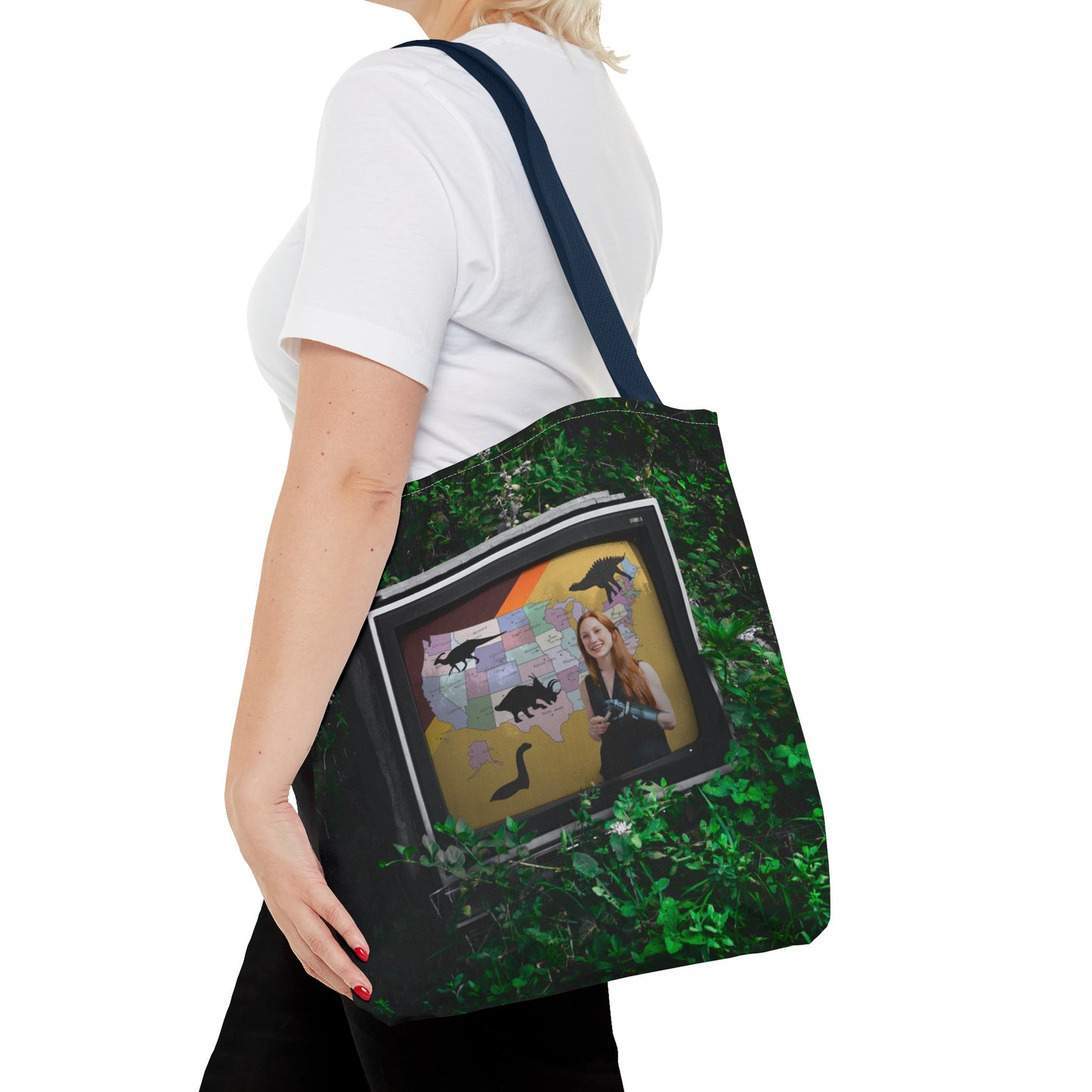 Unique Dystopian TV Scene Tote Bag with Weather Girl & Dinosaurs Map