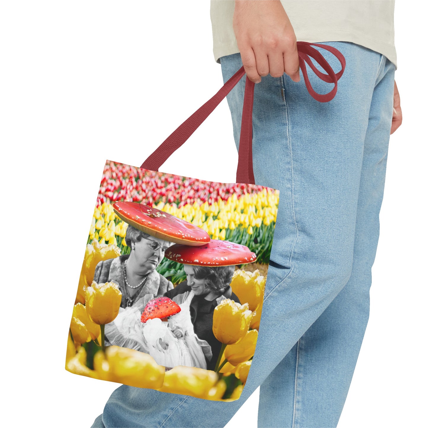 Happy Mushroom Family All Over Print Tote Bag - Surreal Collage Art "Nana's Little Mushroom" in a Field of Tulips