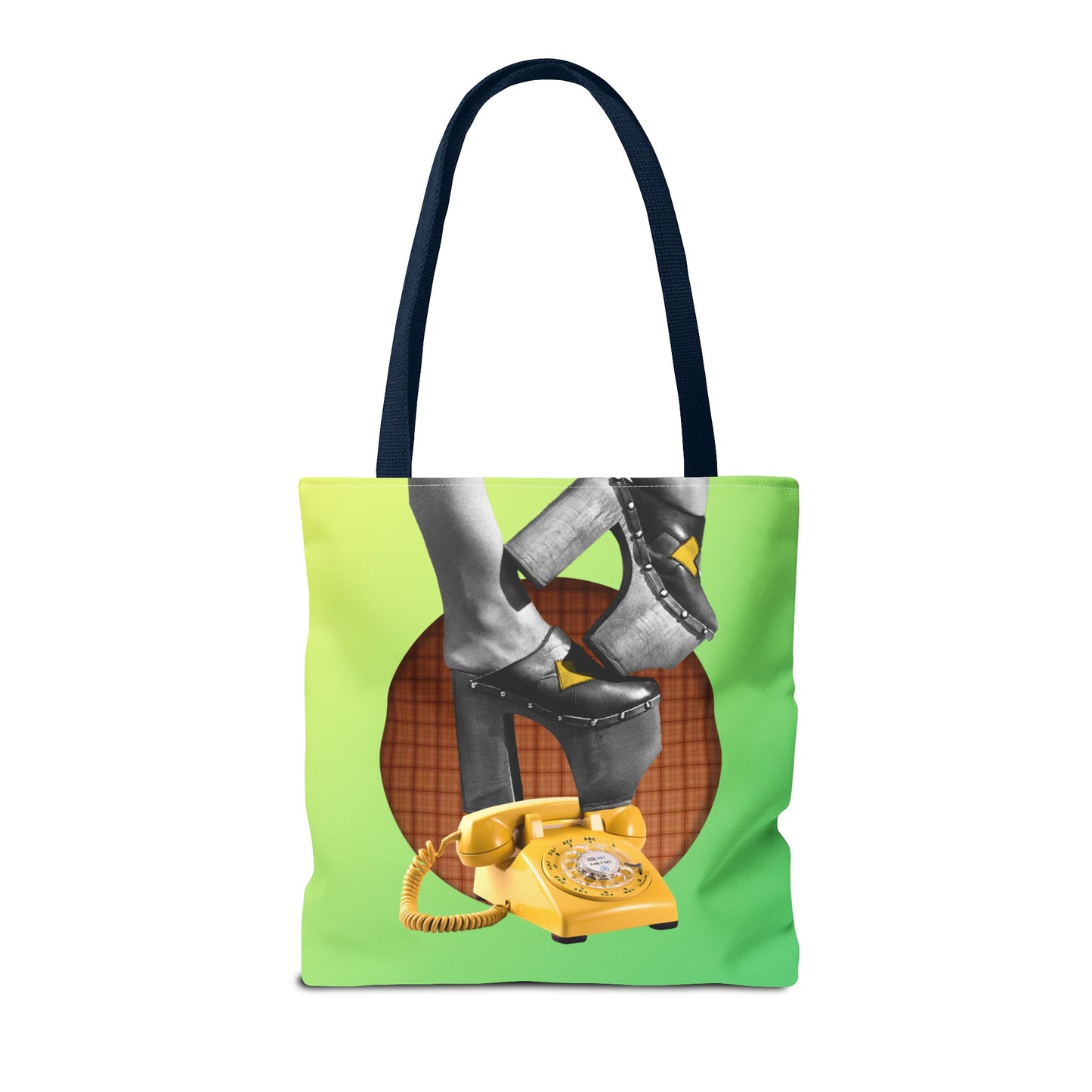 Playful Tote Bag with Collage Art "Hold My Calls" - 70's Platform Shoes and Yellow Rotary Phone