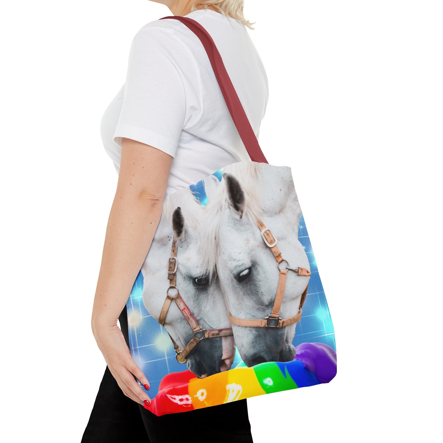 Unique Tote Bag "Pooping Rainbows" Art - White Horses Eating Rainbow Feed