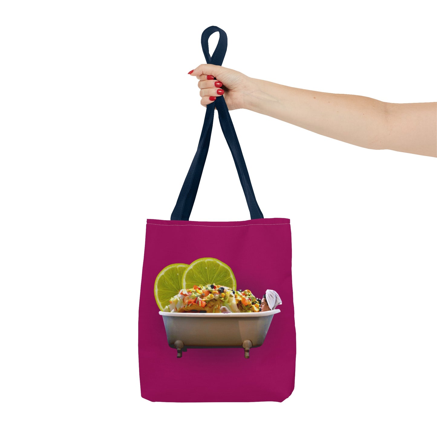 Food Lover's Delight: Woman Soaking in Bathtub with Burrito Tote Bag