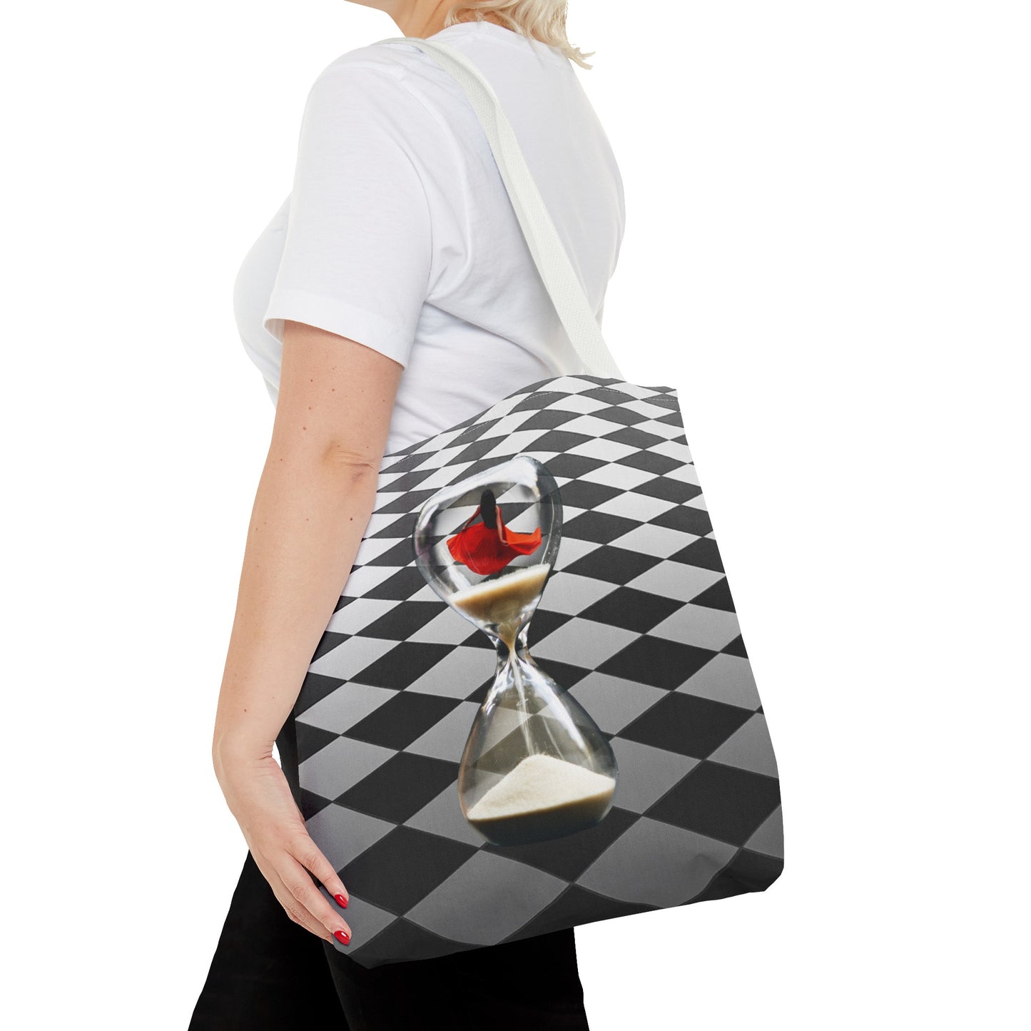 Red Dress Dancer Tote Bag - Surreal Art Checkerboard Design - Dance Through Life