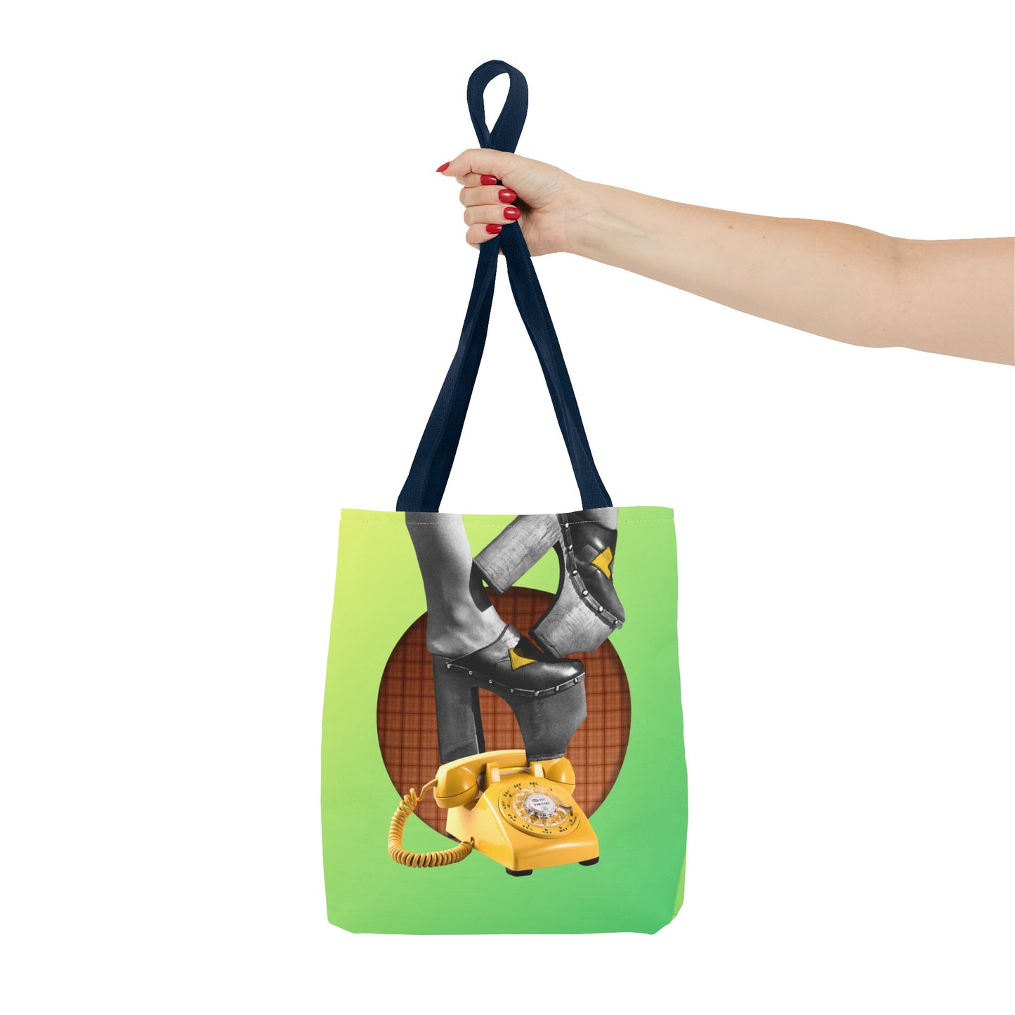 Playful Tote Bag with Collage Art "Hold My Calls" - 70's Platform Shoes and Yellow Rotary Phone