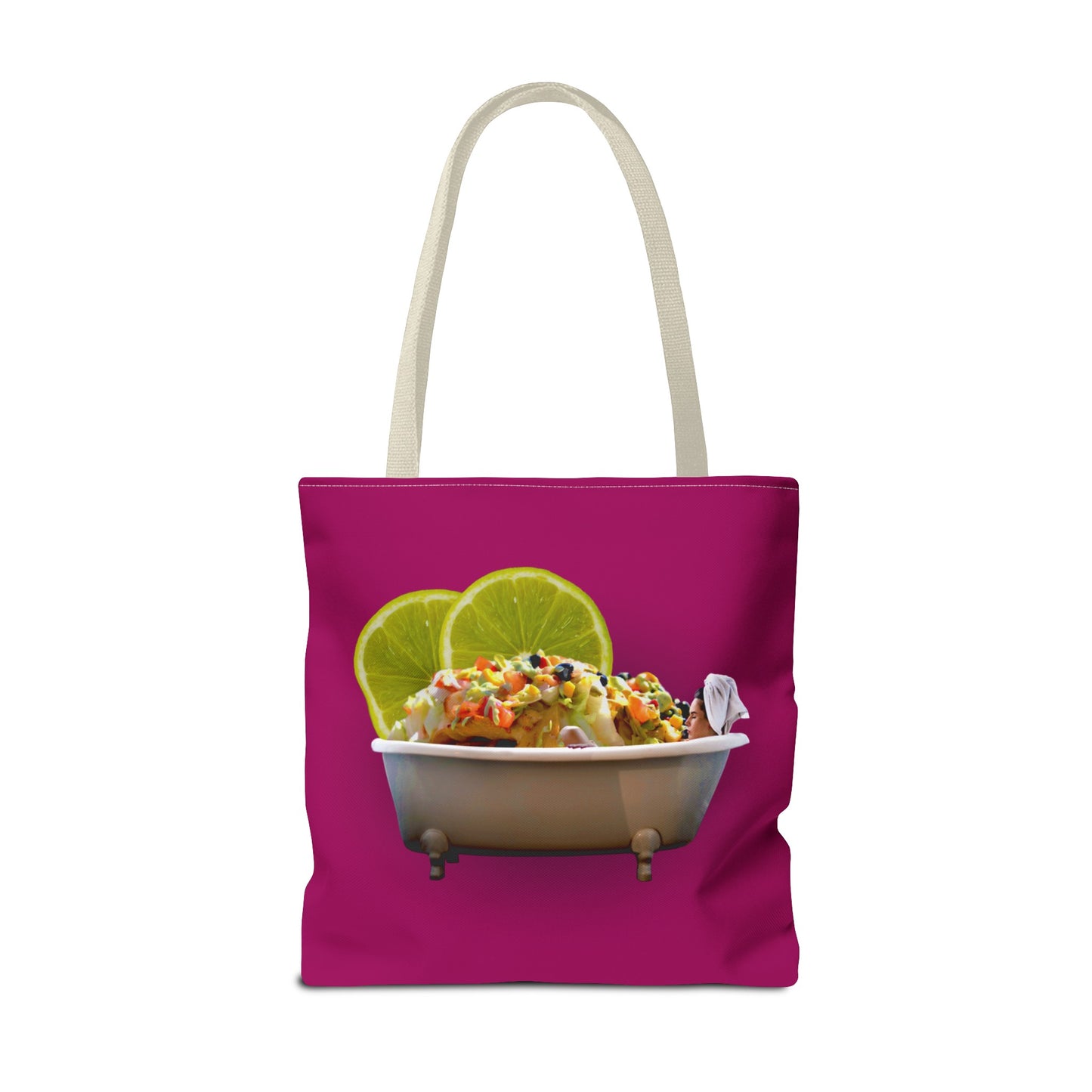 Food Lover's Delight: Woman Soaking in Bathtub with Burrito Tote Bag