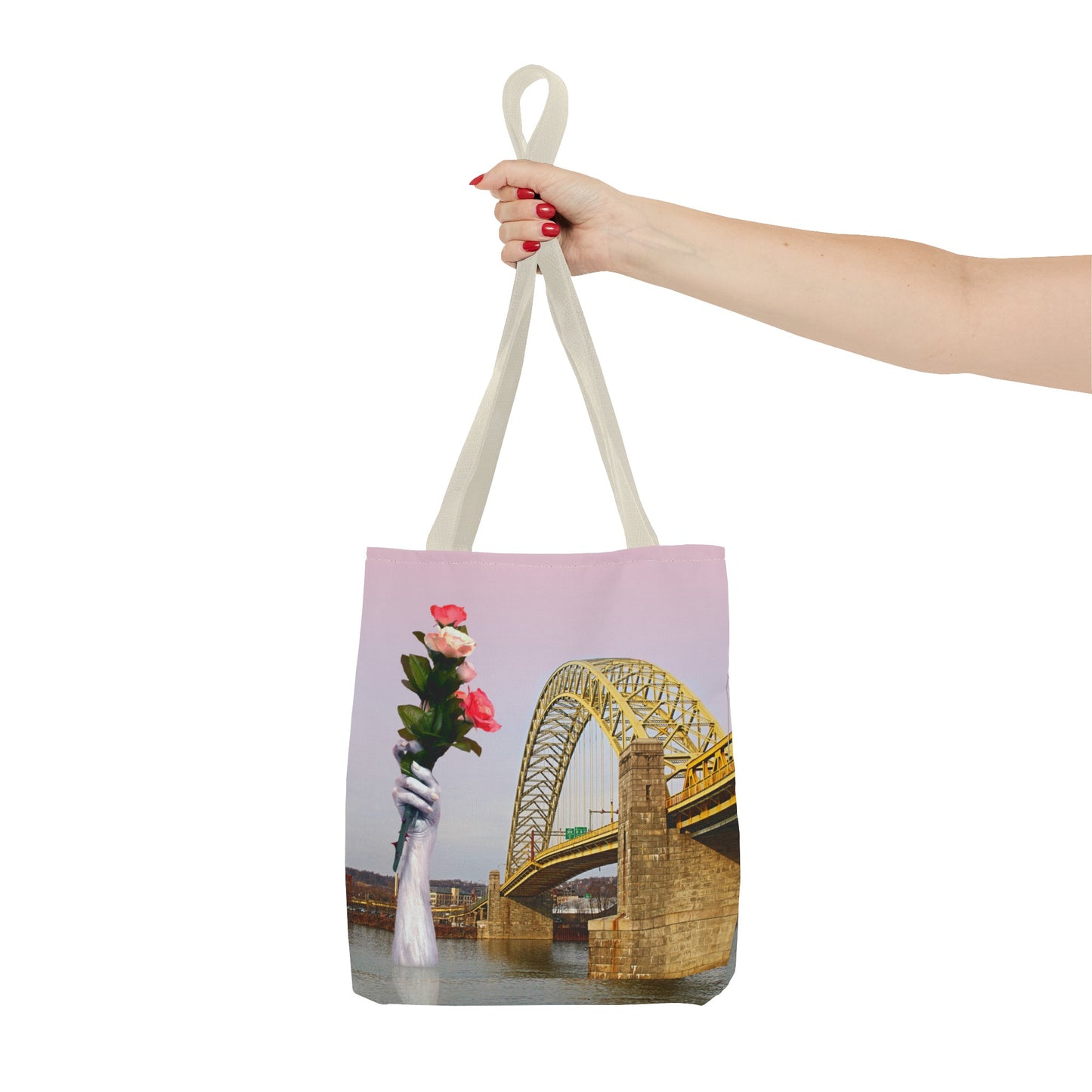 Romantic Tote Bag for Valentine's and Long-Distance Lovers: A Bridge Too Far Design with Flowers