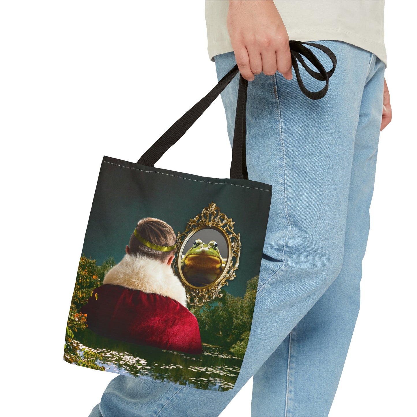 Frog Prince Reflection Tote Bag - Mystic Wetlands Collage Art Print