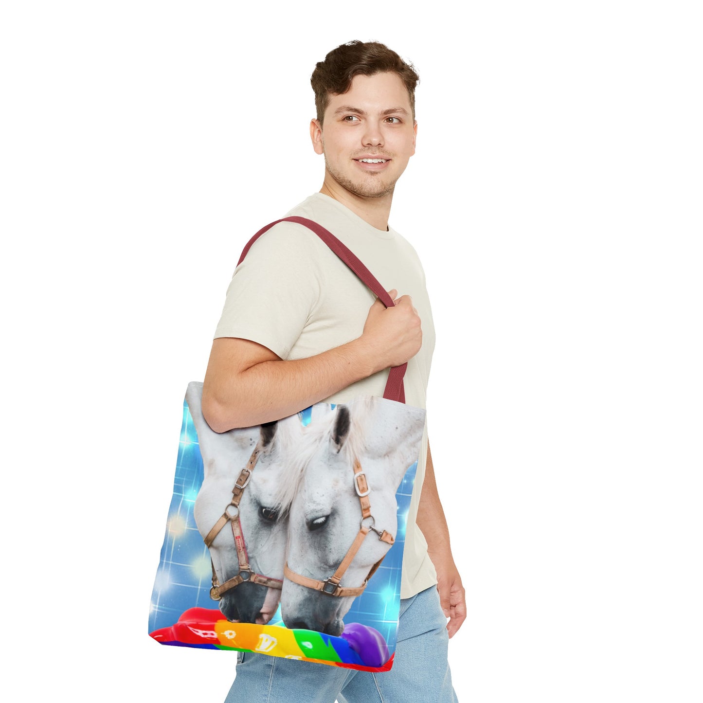 Unique Tote Bag "Pooping Rainbows" Art - White Horses Eating Rainbow Feed