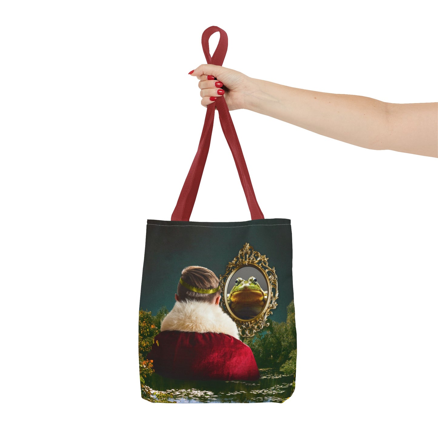 Frog Prince Reflection Tote Bag - Mystic Wetlands Collage Art Print