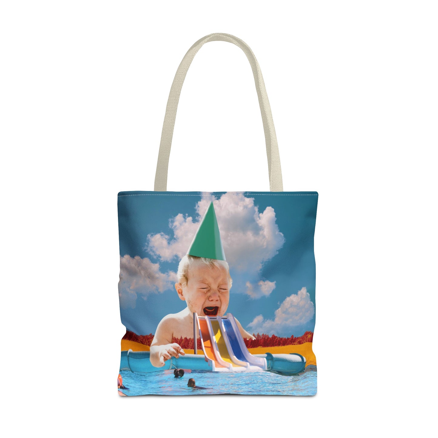 Vibrant Pool Party Beach Tote Bag - Surreal Art Print - Giant Baby and Colorful Pool Slide
