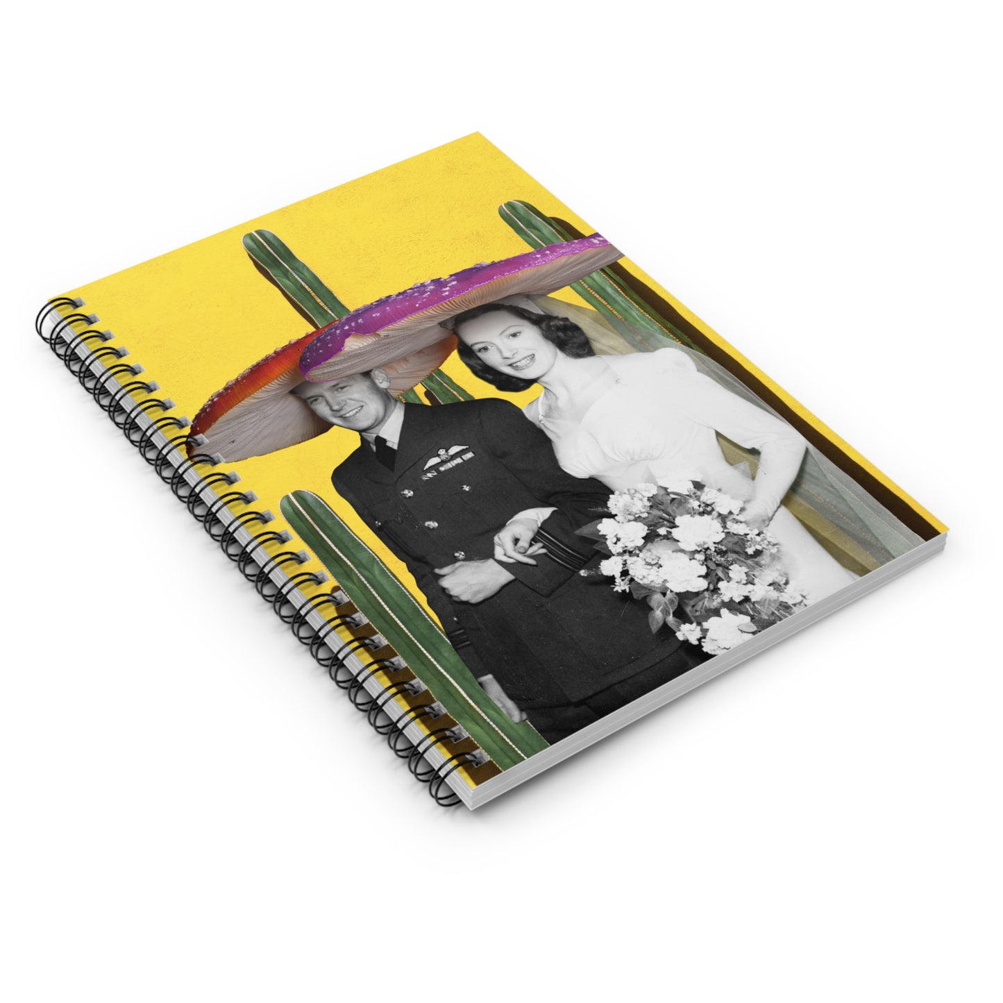 Elegant Mushroom Wedding Spiral Notebook with Vibrant Cactus Backdrop "Here Comes The Shroom"