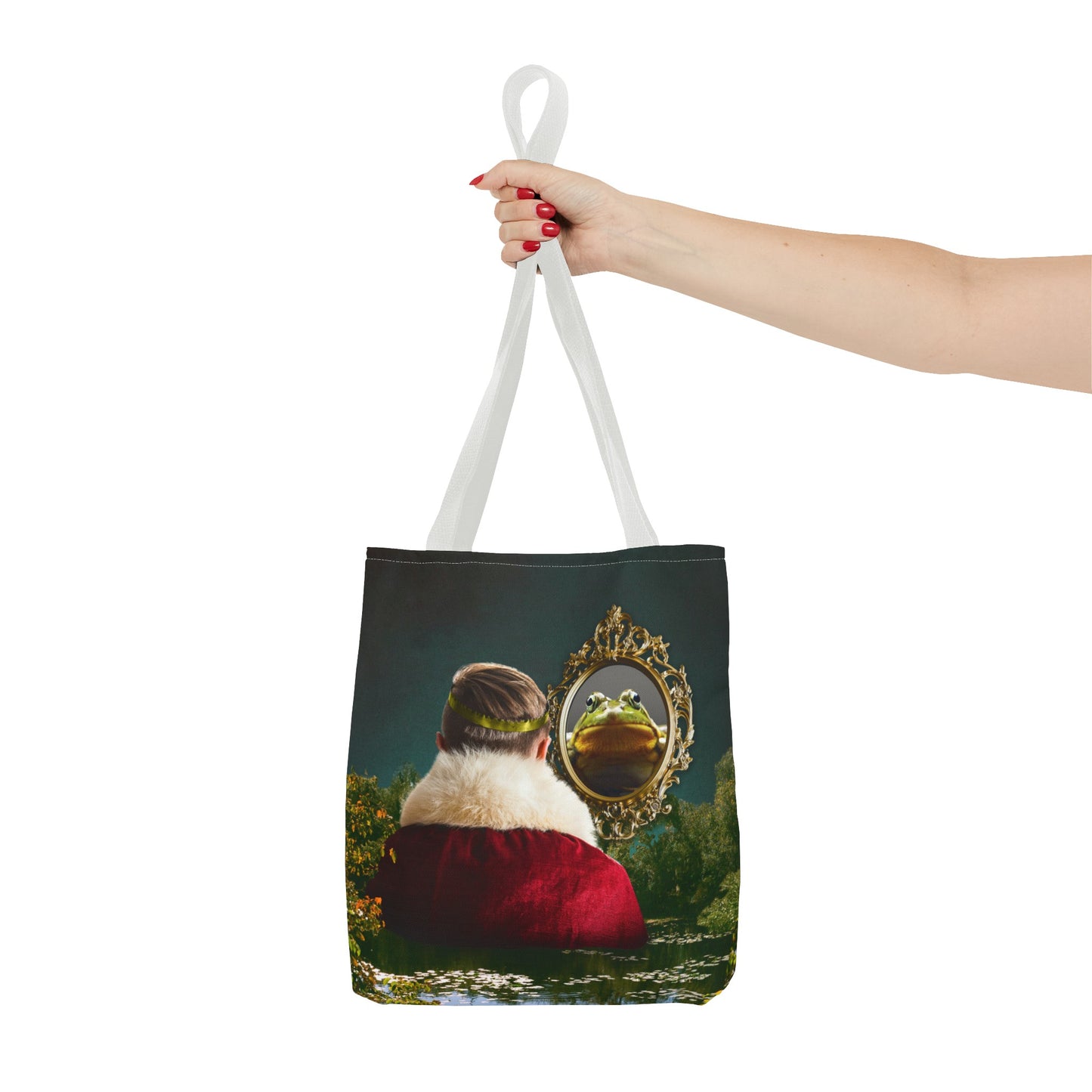 Frog Prince Reflection Tote Bag - Mystic Wetlands Collage Art Print