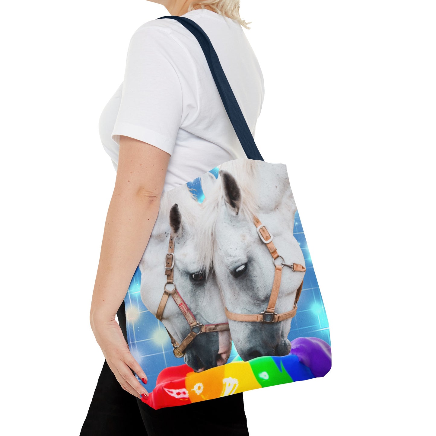 Unique Tote Bag "Pooping Rainbows" Art - White Horses Eating Rainbow Feed